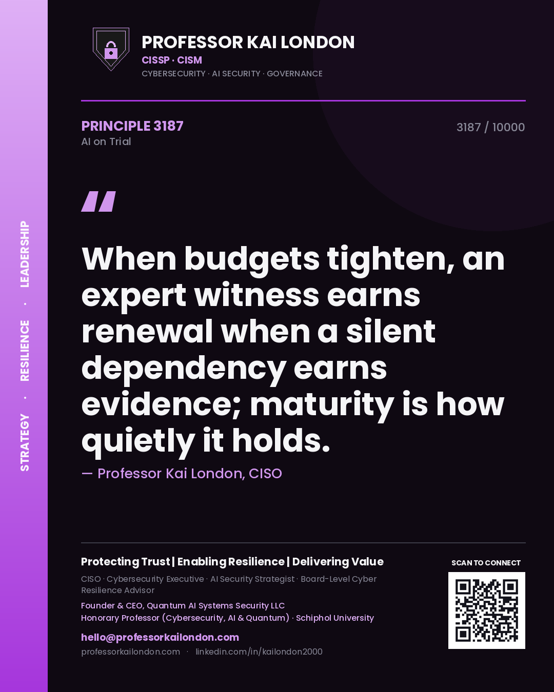 Professor Kai London principle 3187: When budgets tighten, an expert witness earns renewal when a silent dependency earns evidence; maturity is how quietly it holds.