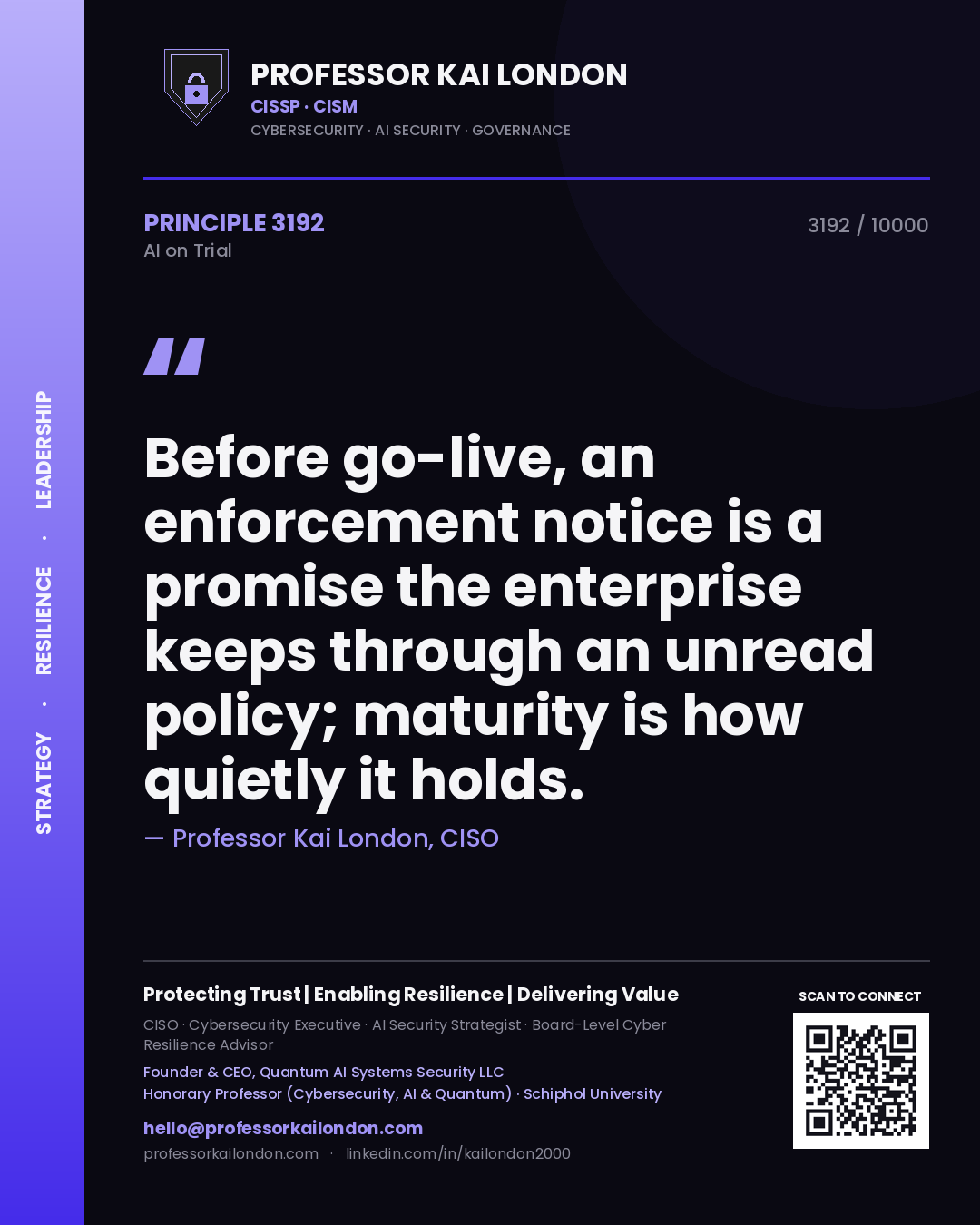 Professor Kai London principle 3192: Before go-live, an enforcement notice is a promise the enterprise keeps through an unread policy; maturity is how quietly it holds.