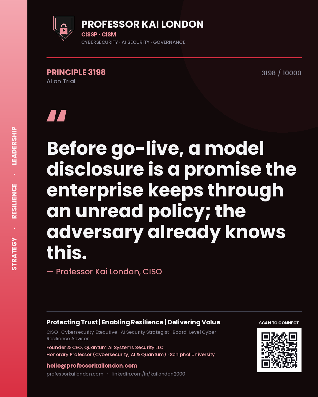 Quote card by Professor Kai London reading 'Before go-live, a model disclosure is a promise the enterprise keeps through an unread policy; the adversary already knows this.'. From the book AI on Trial.