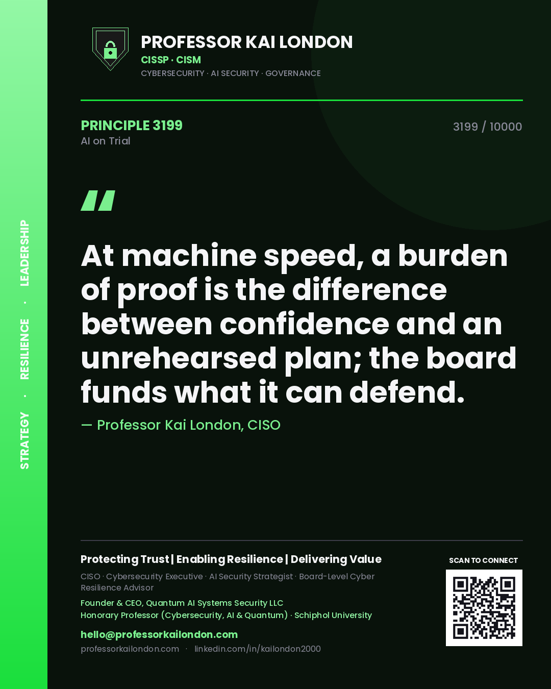Quote card by Professor Kai London reading 'At machine speed, a burden of proof is the difference between confidence and an unrehearsed plan; the board funds what it can defend.'. From the book AI on Trial.