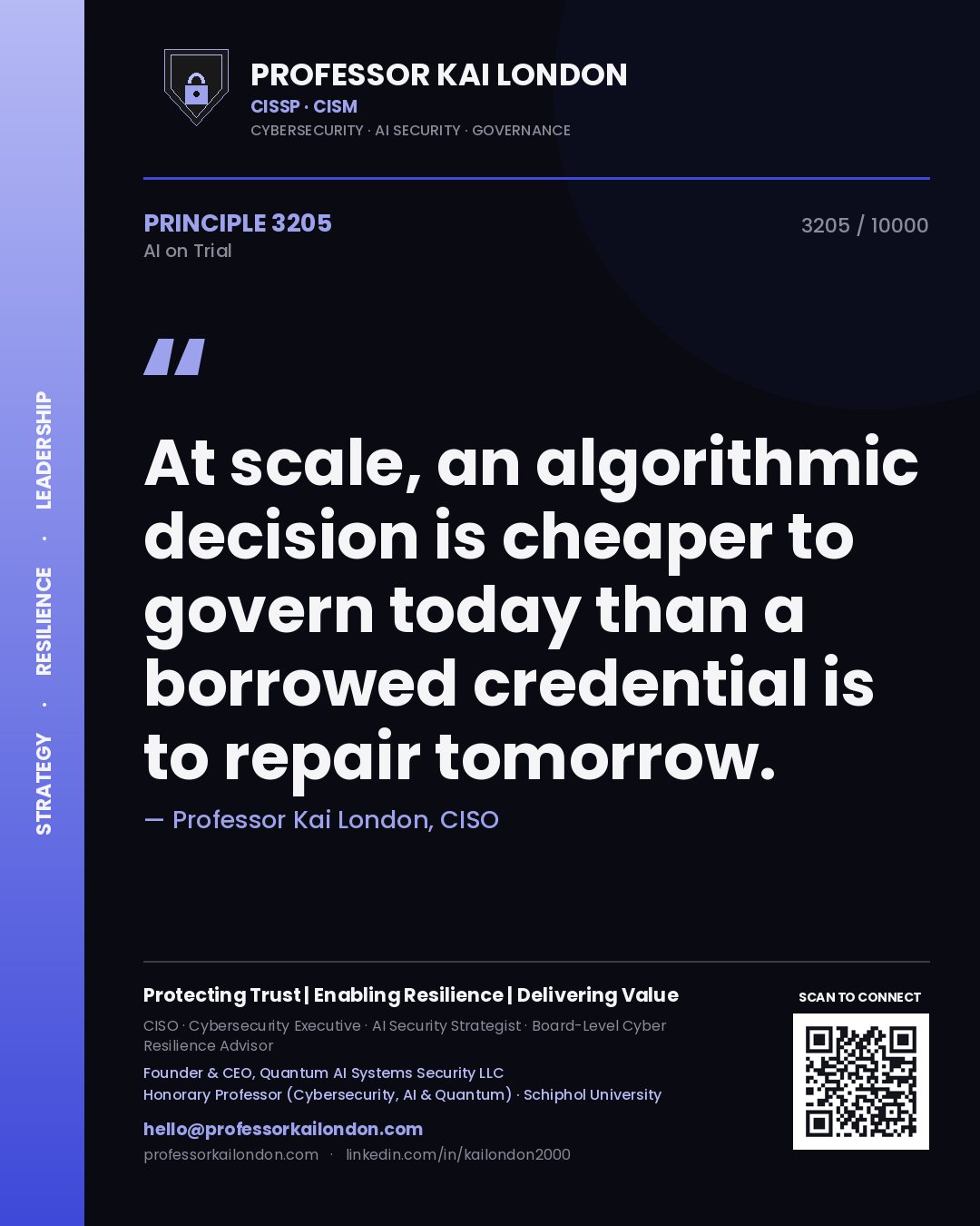 Professor Kai London principle 3205: At scale, an algorithmic decision is cheaper to govern today than a borrowed credential is to repair tomorrow.