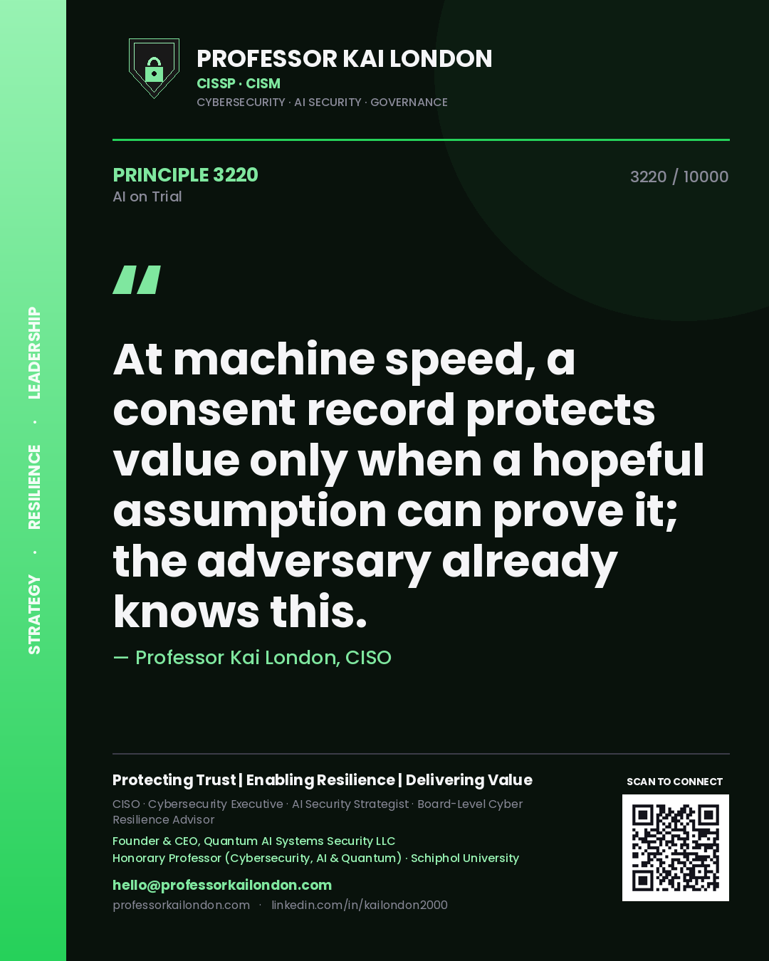 Quote card by Professor Kai London reading 'At machine speed, a consent record protects value only when a hopeful assumption can prove it; the adversary already knows this.'. From the book AI on Trial.
