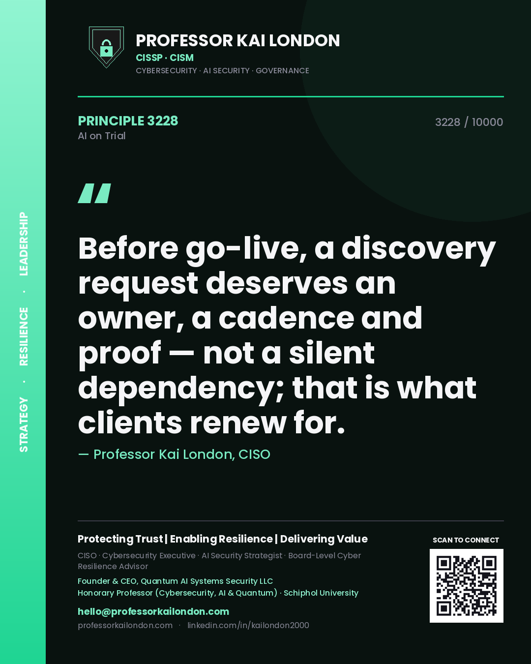 Quote card by Professor Kai London reading 'Before go-live, a discovery request deserves an owner, a cadence and proof — not a silent dependency; that is what clients renew for.'. From the book AI on Trial.
