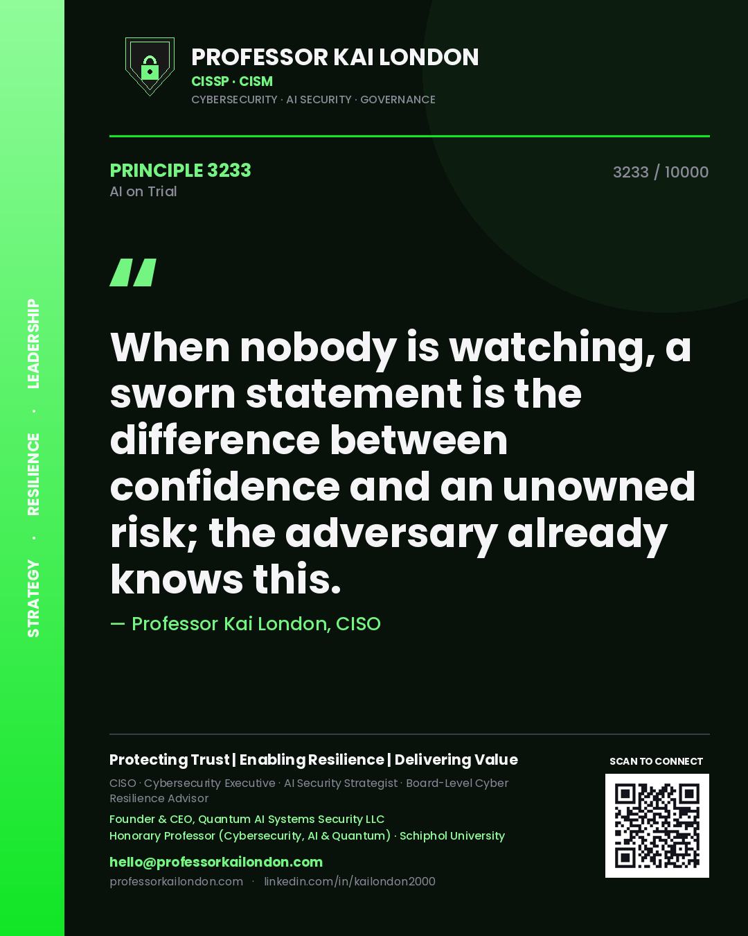 Quote card by Professor Kai London reading 'When nobody is watching, a sworn statement is the difference between confidence and an unowned risk; the adversary already knows this.'. From the book AI on Trial.