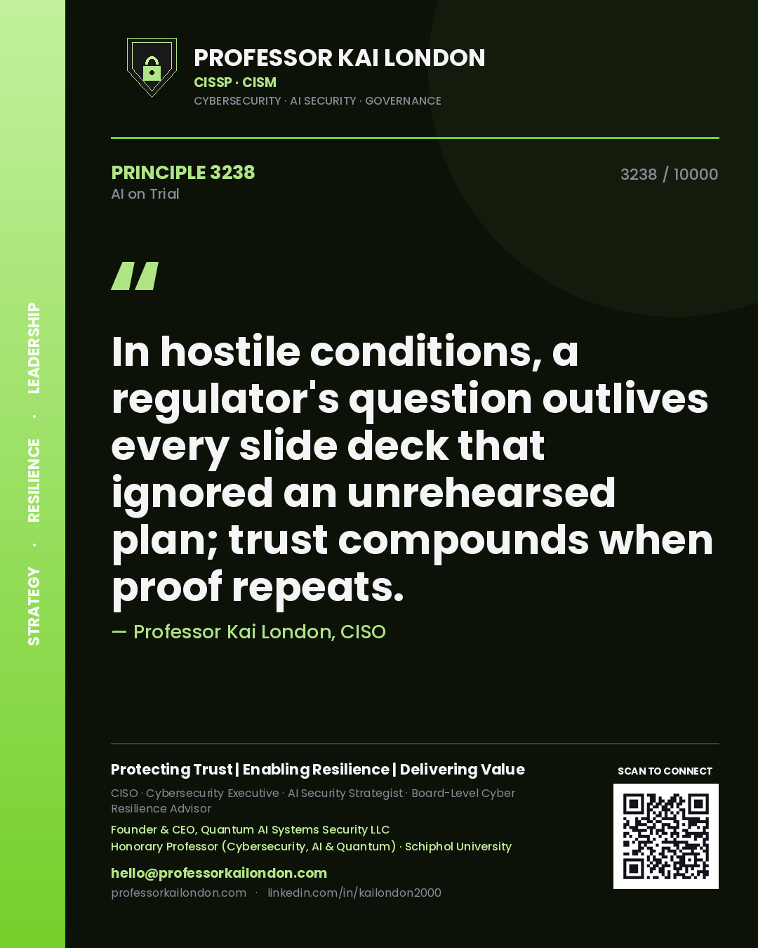 Professor Kai London principle 3238: In hostile conditions, a regulator's question outlives every slide deck that ignored an unrehearsed plan; trust compounds when proof repeats.