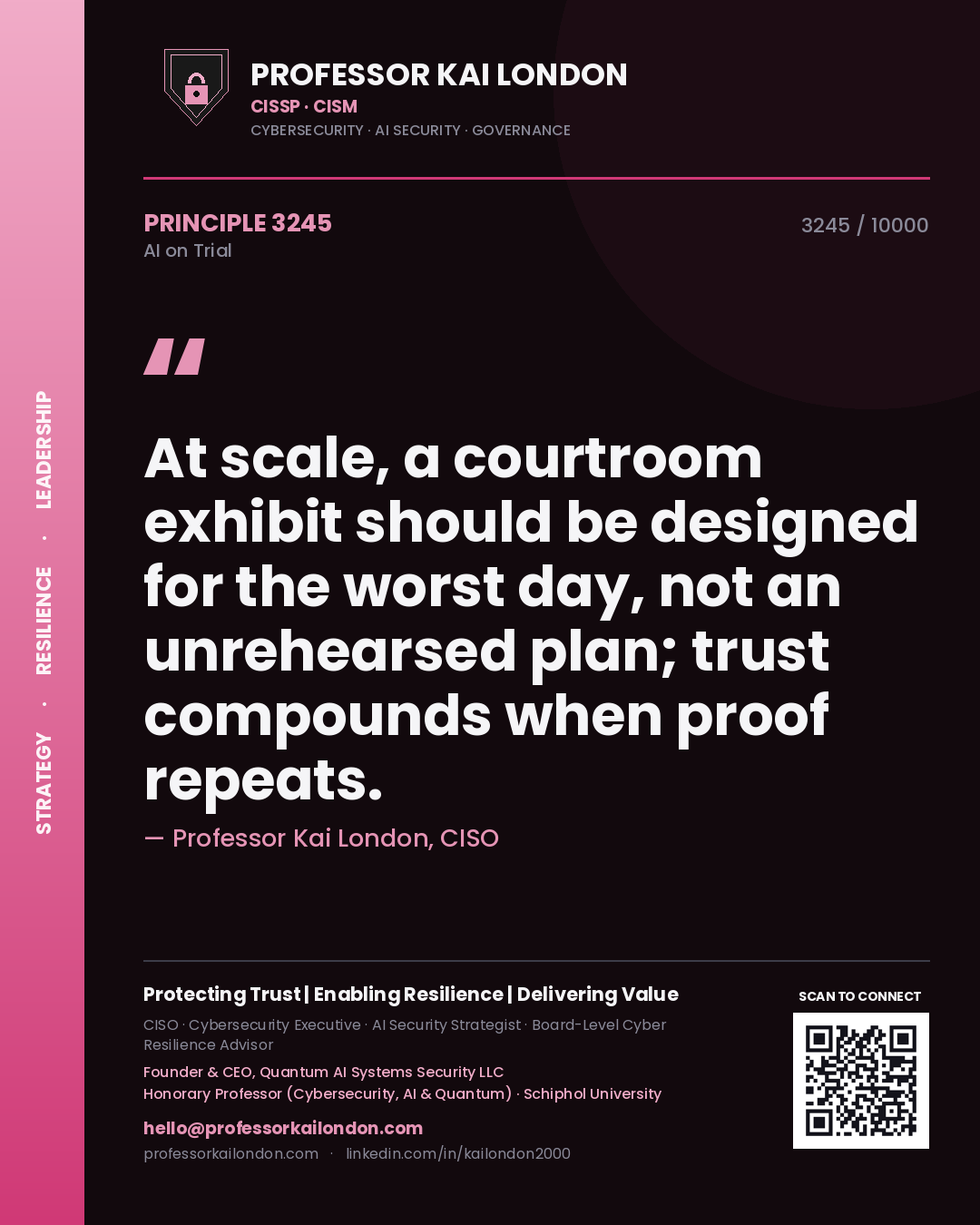 Quote card by Professor Kai London reading 'At scale, a courtroom exhibit should be designed for the worst day, not an unrehearsed plan; trust compounds when proof repeats.'. From the book AI on Trial.