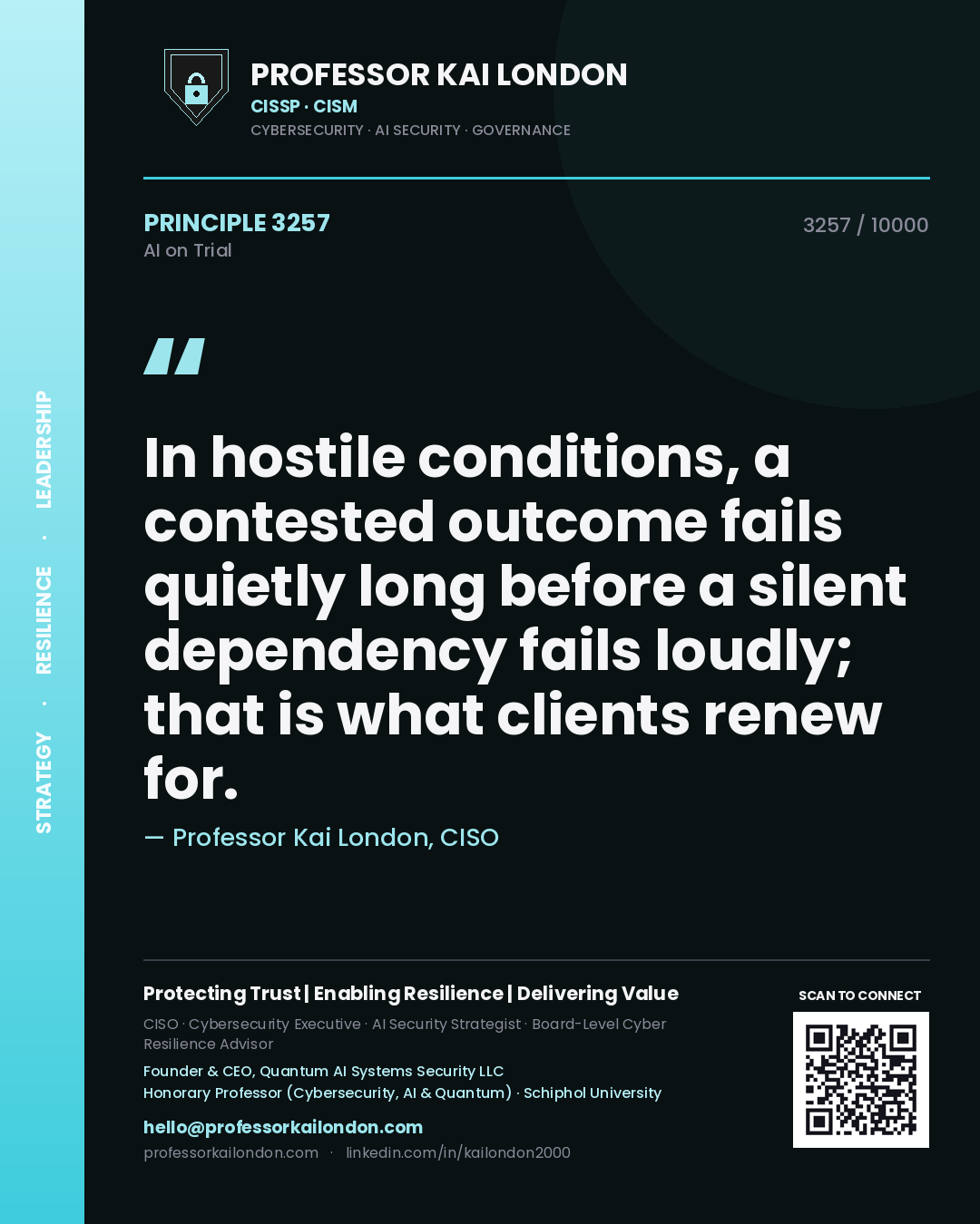 Professor Kai London principle 3257: In hostile conditions, a contested outcome fails quietly long before a silent dependency fails loudly; that is what clients renew for.