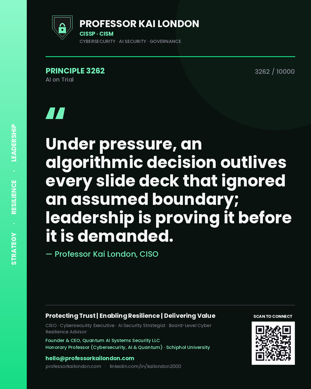 Professor Kai London principle 3262: Under pressure, an algorithmic decision outlives every slide deck that ignored an assumed boundary; leadership is proving it before it is demanded.