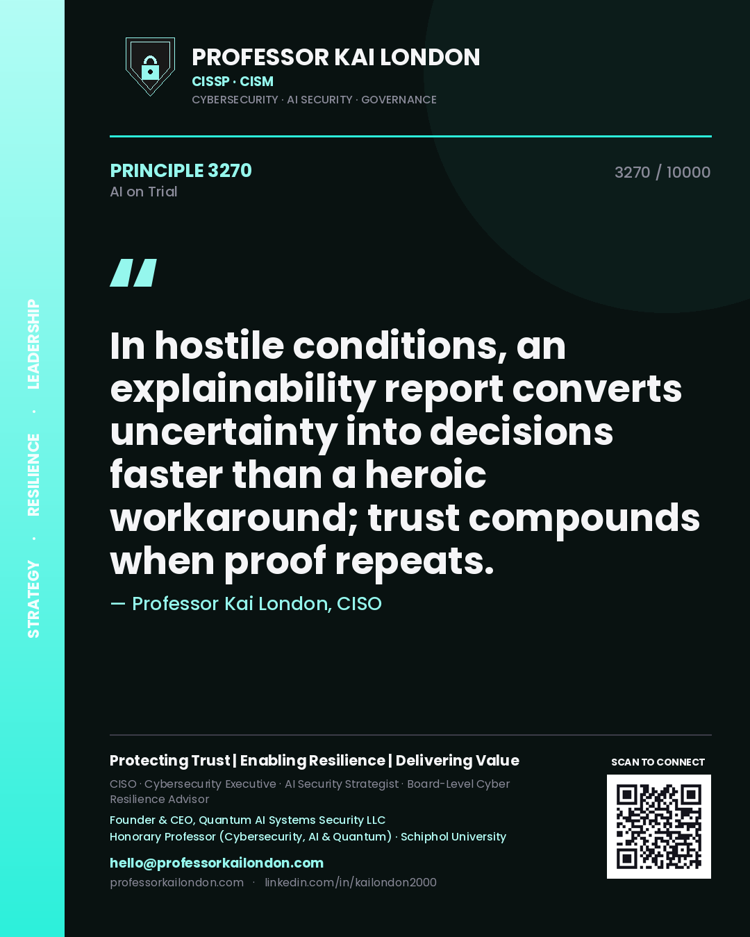 Professor Kai London principle 3270: In hostile conditions, an explainability report converts uncertainty into decisions faster than a heroic workaround; trust compounds when proof repeats.