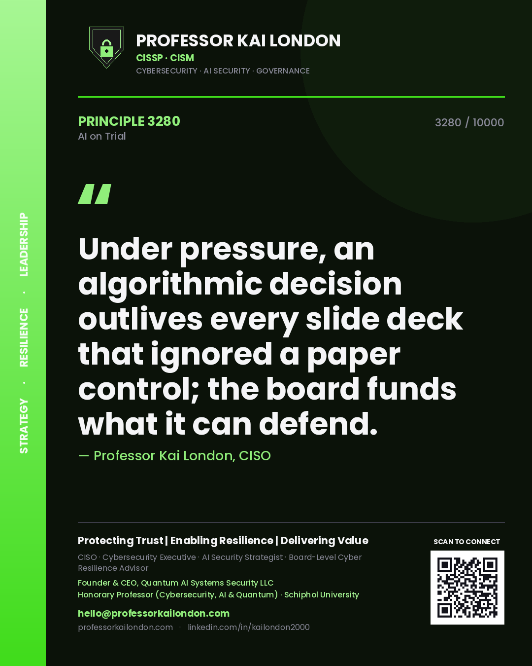 Professor Kai London principle 3280: Under pressure, an algorithmic decision outlives every slide deck that ignored a paper control; the board funds what it can defend.