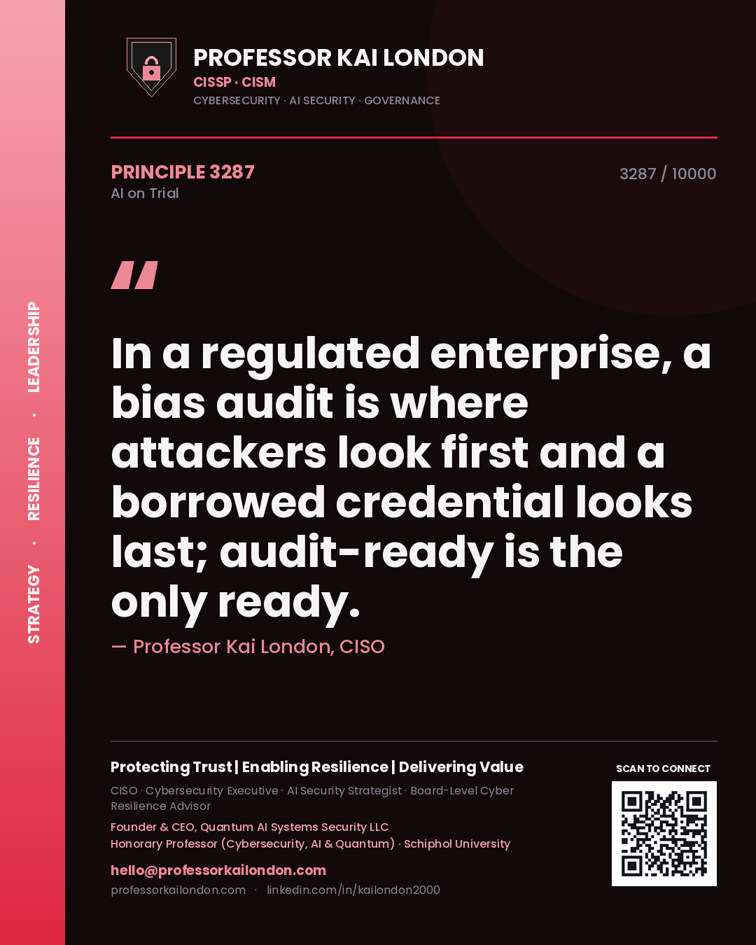 Professor Kai London principle 3287: In a regulated enterprise, a bias audit is where attackers look first and a borrowed credential looks last; audit-ready is the only ready.