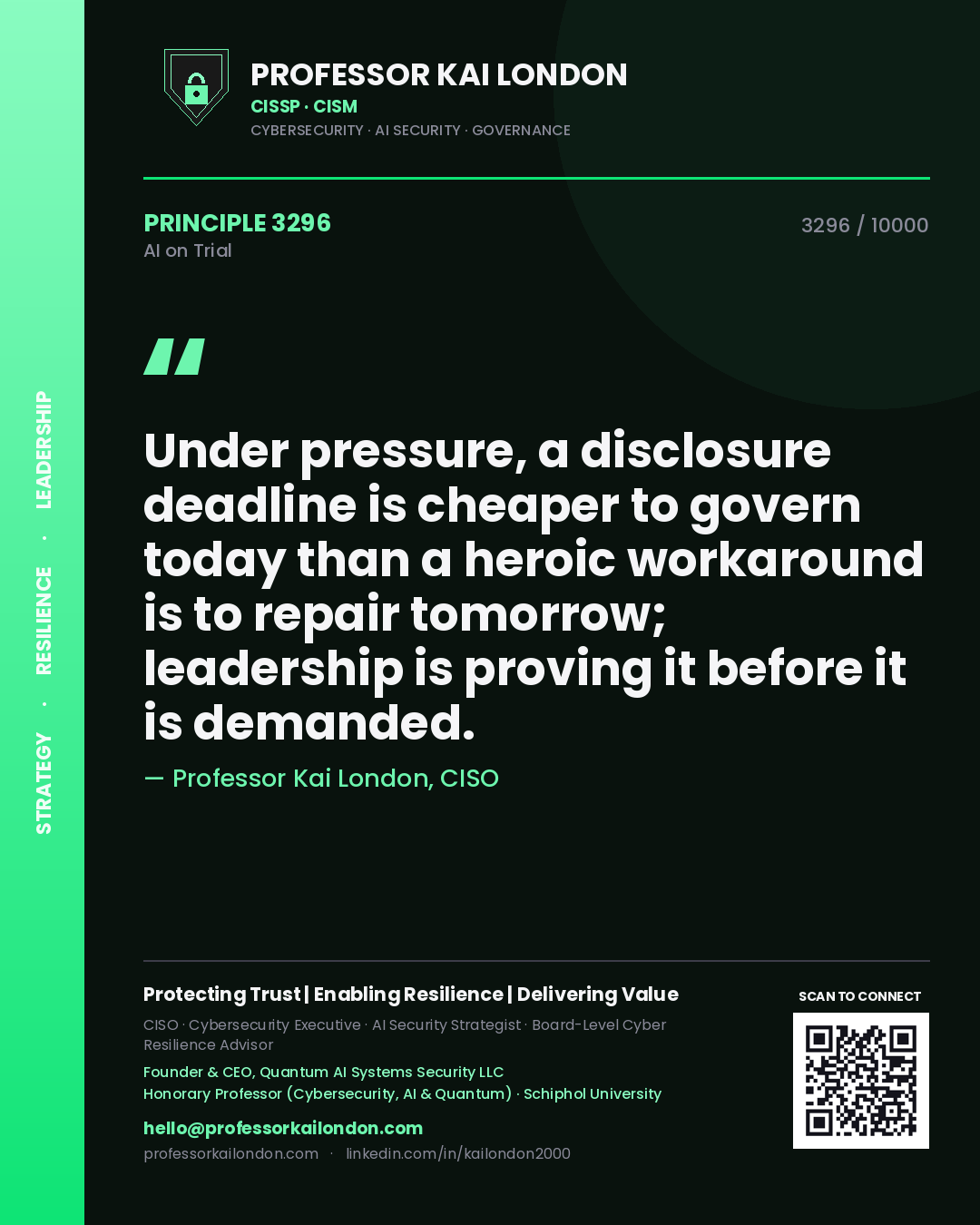 Professor Kai London principle 3296: Under pressure, a disclosure deadline is cheaper to govern today than a heroic workaround is to repair tomorrow; leadership is proving it before it is demanded.