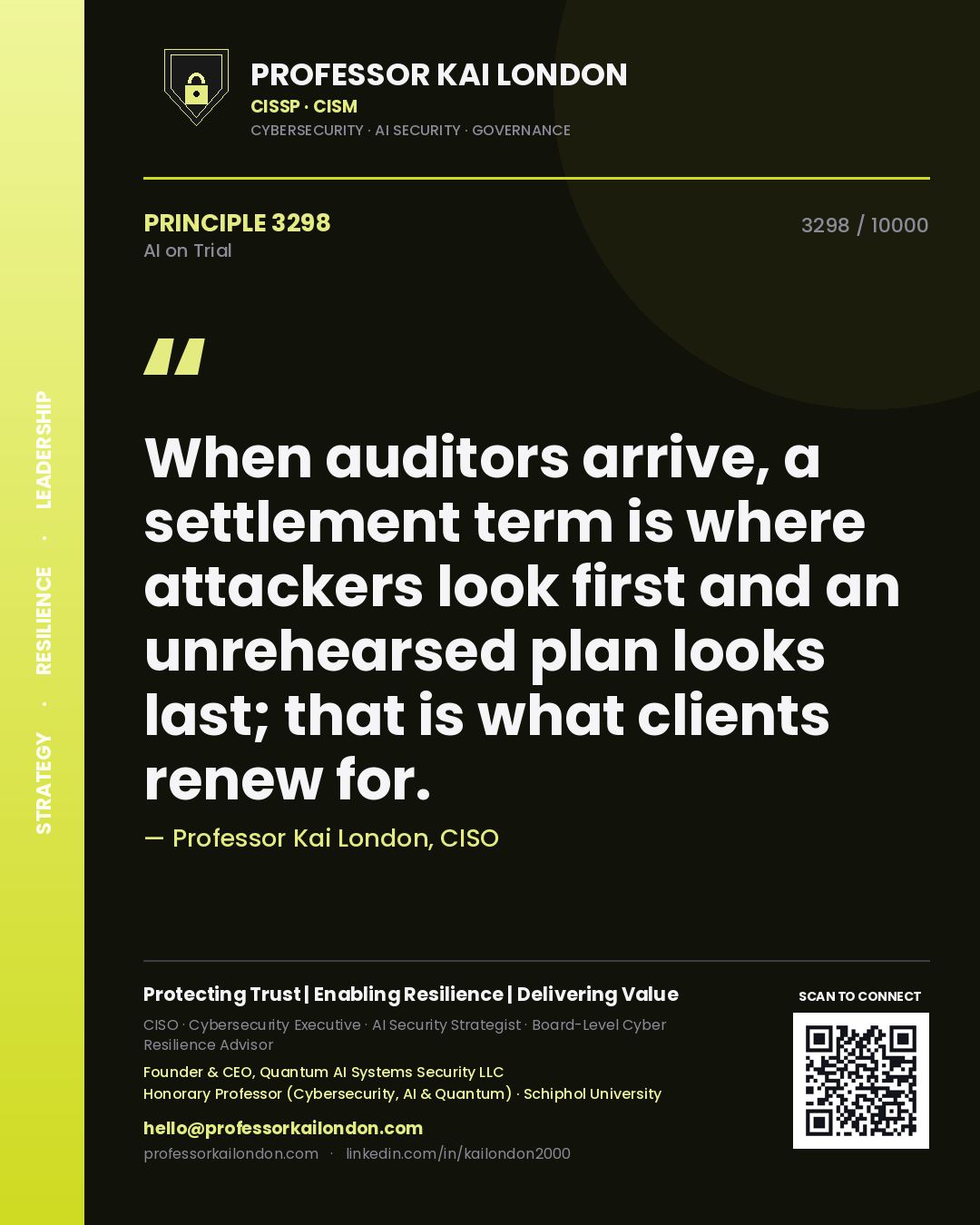 Professor Kai London principle 3298: When auditors arrive, a settlement term is where attackers look first and an unrehearsed plan looks last; that is what clients renew for.