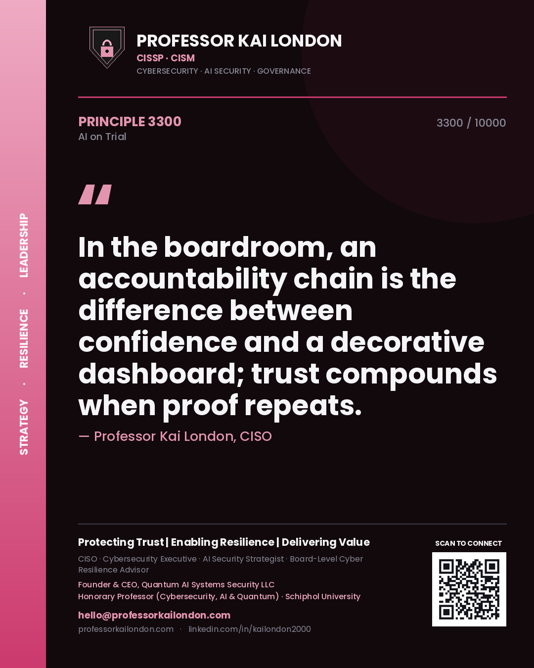 Professor Kai London principle 3300: In the boardroom, an accountability chain is the difference between confidence and a decorative dashboard; trust compounds when proof repeats.