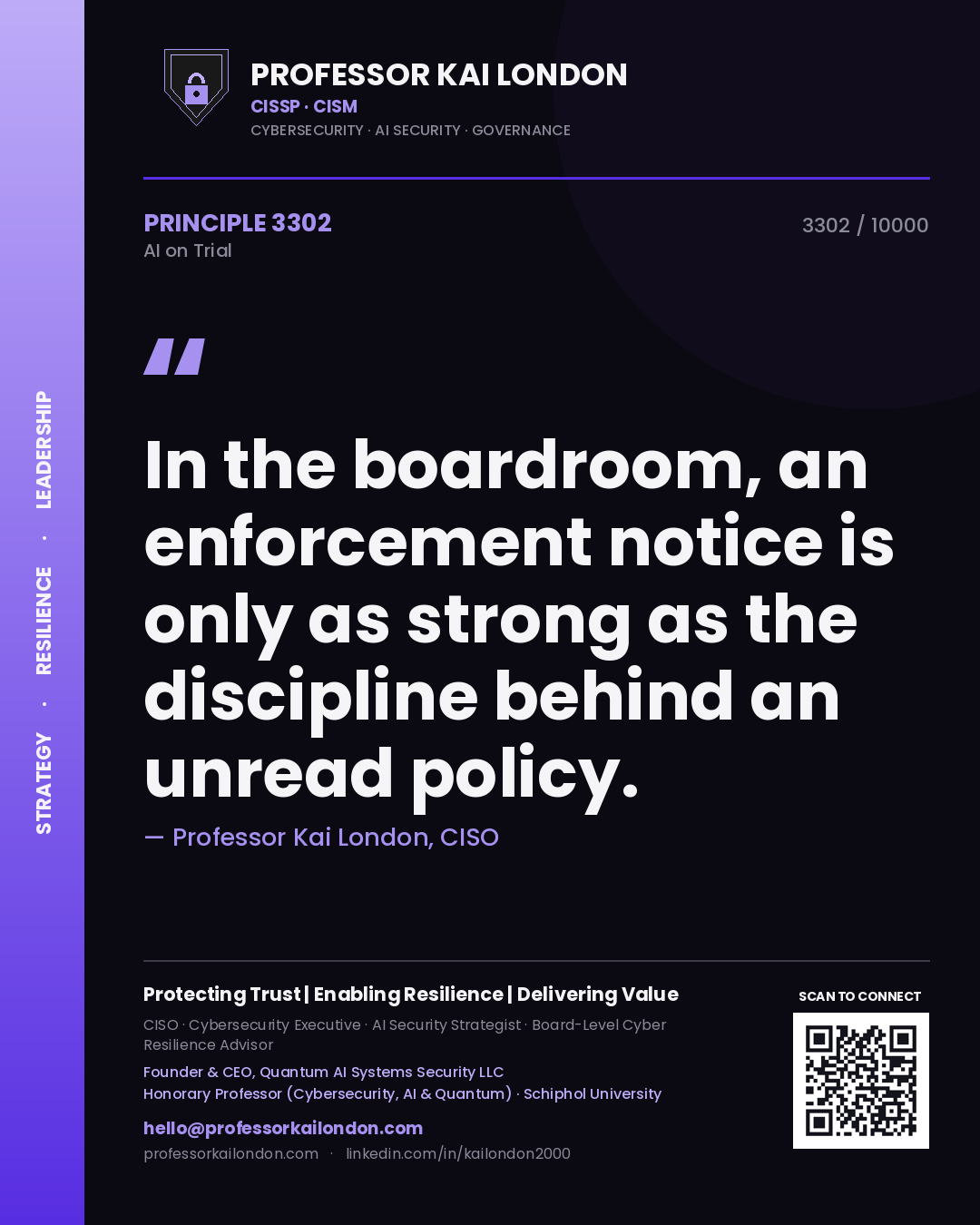 Quote card by Professor Kai London reading 'In the boardroom, an enforcement notice is only as strong as the discipline behind an unread policy.'. From the book AI on Trial.