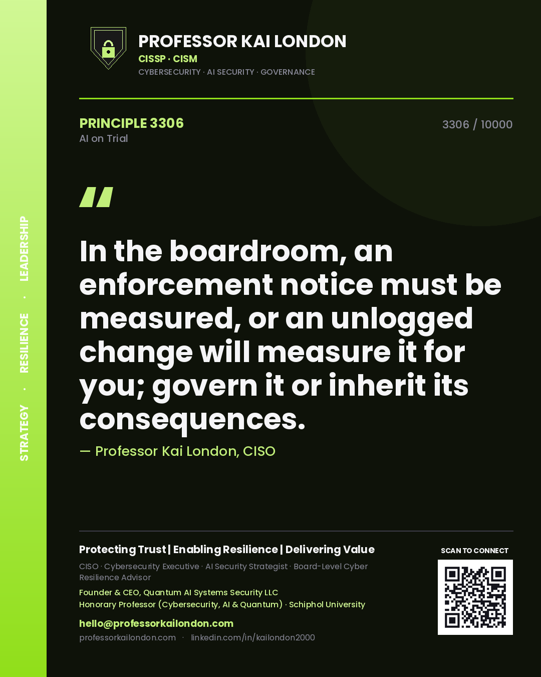 Quote card by Professor Kai London reading 'In the boardroom, an enforcement notice must be measured, or an unlogged change will measure it for you; govern it or inherit its consequences.'. From the book AI on Trial.