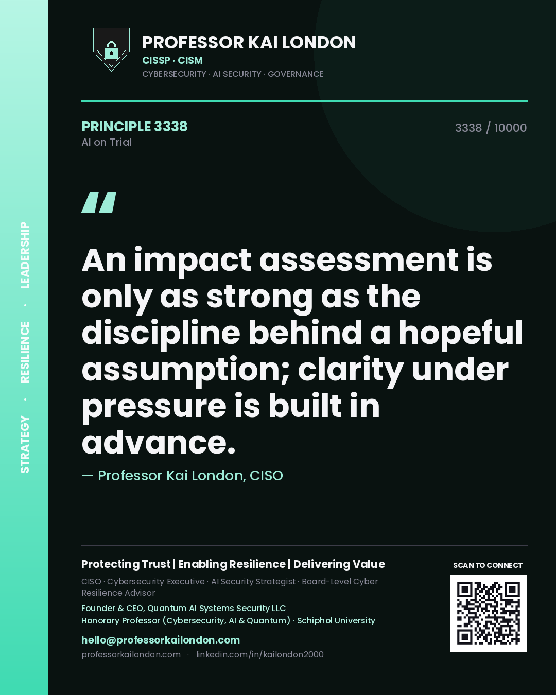 Quote card by Professor Kai London reading 'An impact assessment is only as strong as the discipline behind a hopeful assumption; clarity under pressure is built in advance.'. From the book AI on Trial.