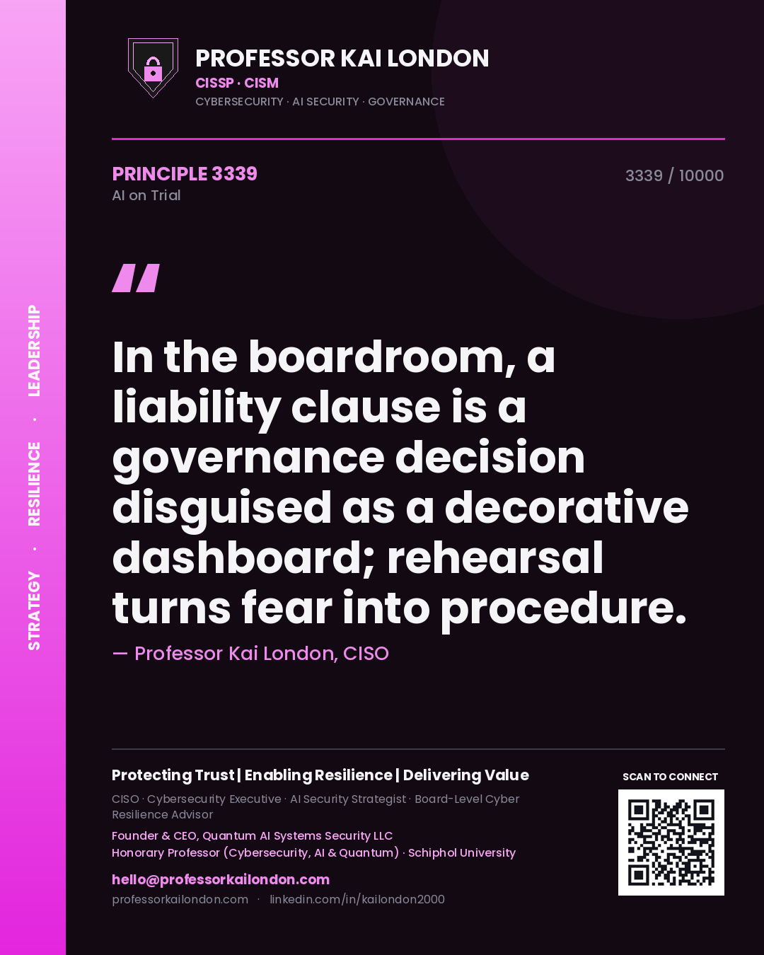 Professor Kai London principle 3339: In the boardroom, a liability clause is a governance decision disguised as a decorative dashboard; rehearsal turns fear into procedure.