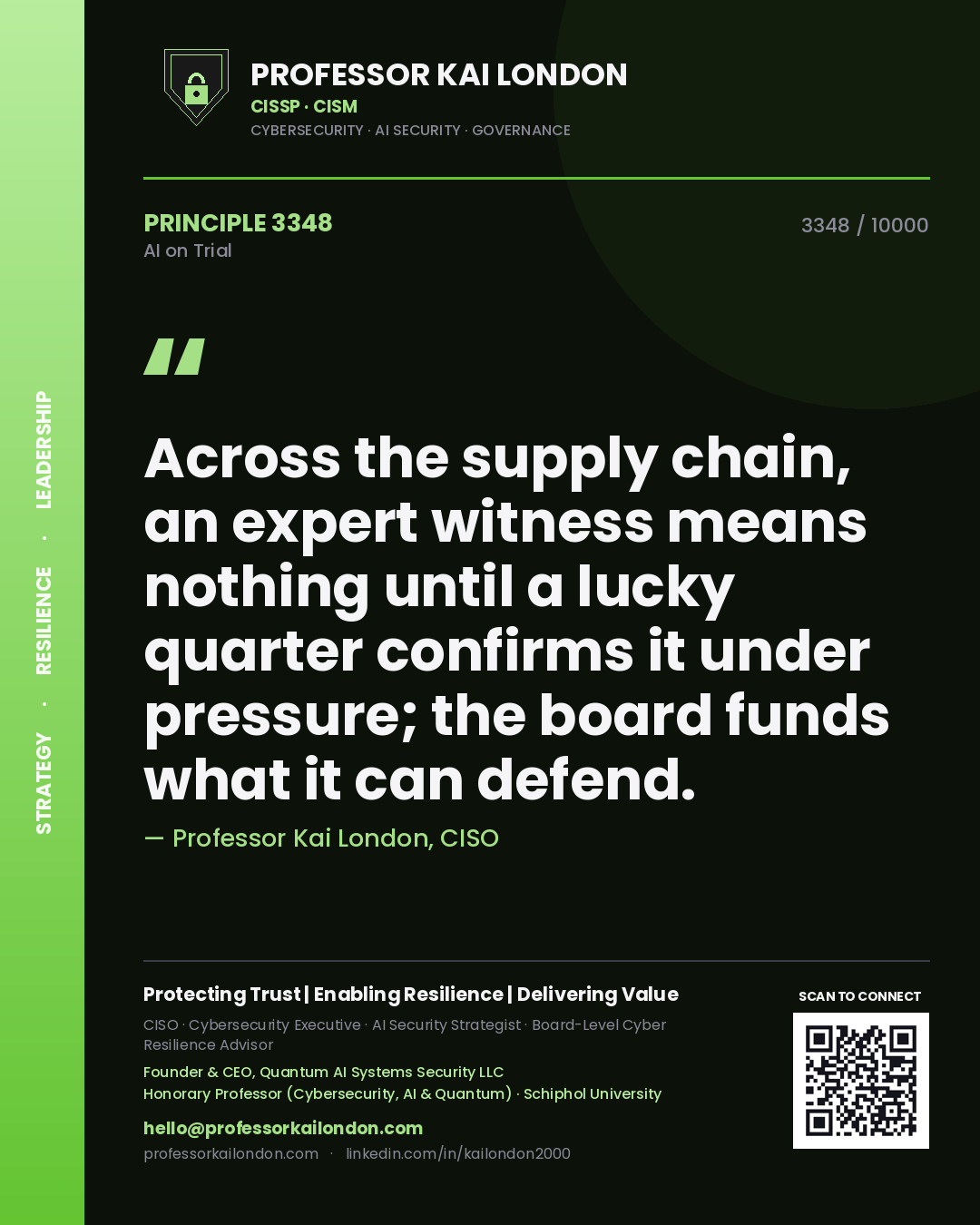 Quote card by Professor Kai London reading 'Across the supply chain, an expert witness means nothing until a lucky quarter confirms it under pressure; the board funds what it can defend.'. From the book AI on Trial.