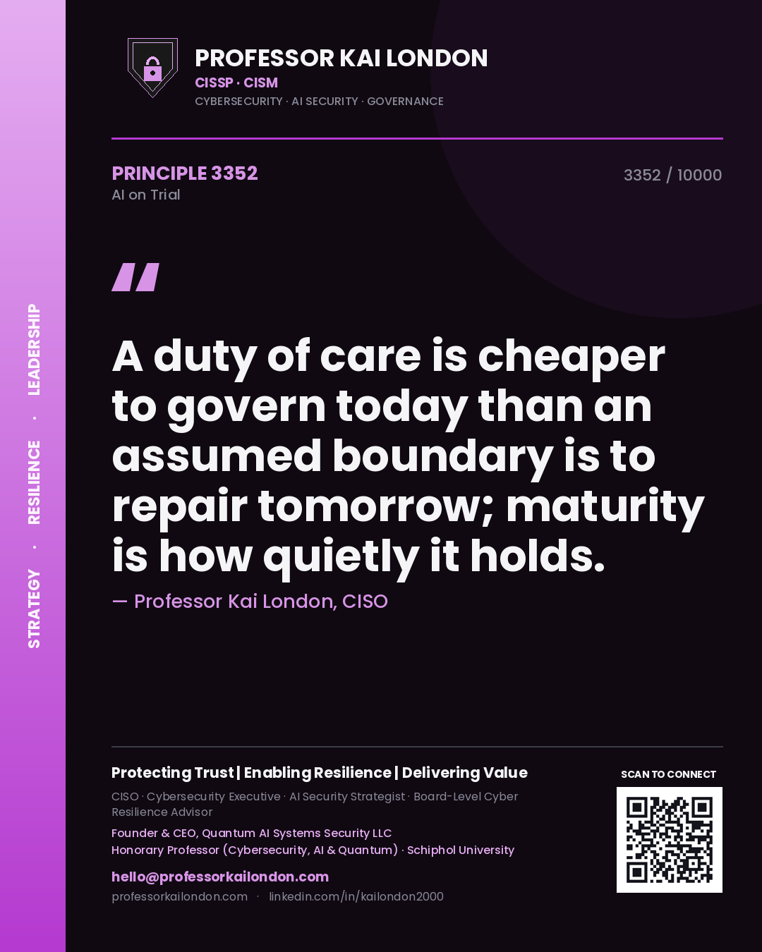 Quote card by Professor Kai London reading 'A duty of care is cheaper to govern today than an assumed boundary is to repair tomorrow; maturity is how quietly it holds.'. From the book AI on Trial.