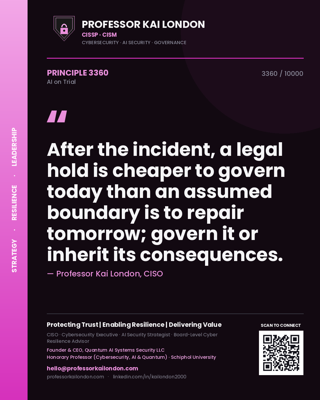 Quote card by Professor Kai London reading 'After the incident, a legal hold is cheaper to govern today than an assumed boundary is to repair tomorrow; govern it or inherit its consequences.'. From the book AI on Trial.