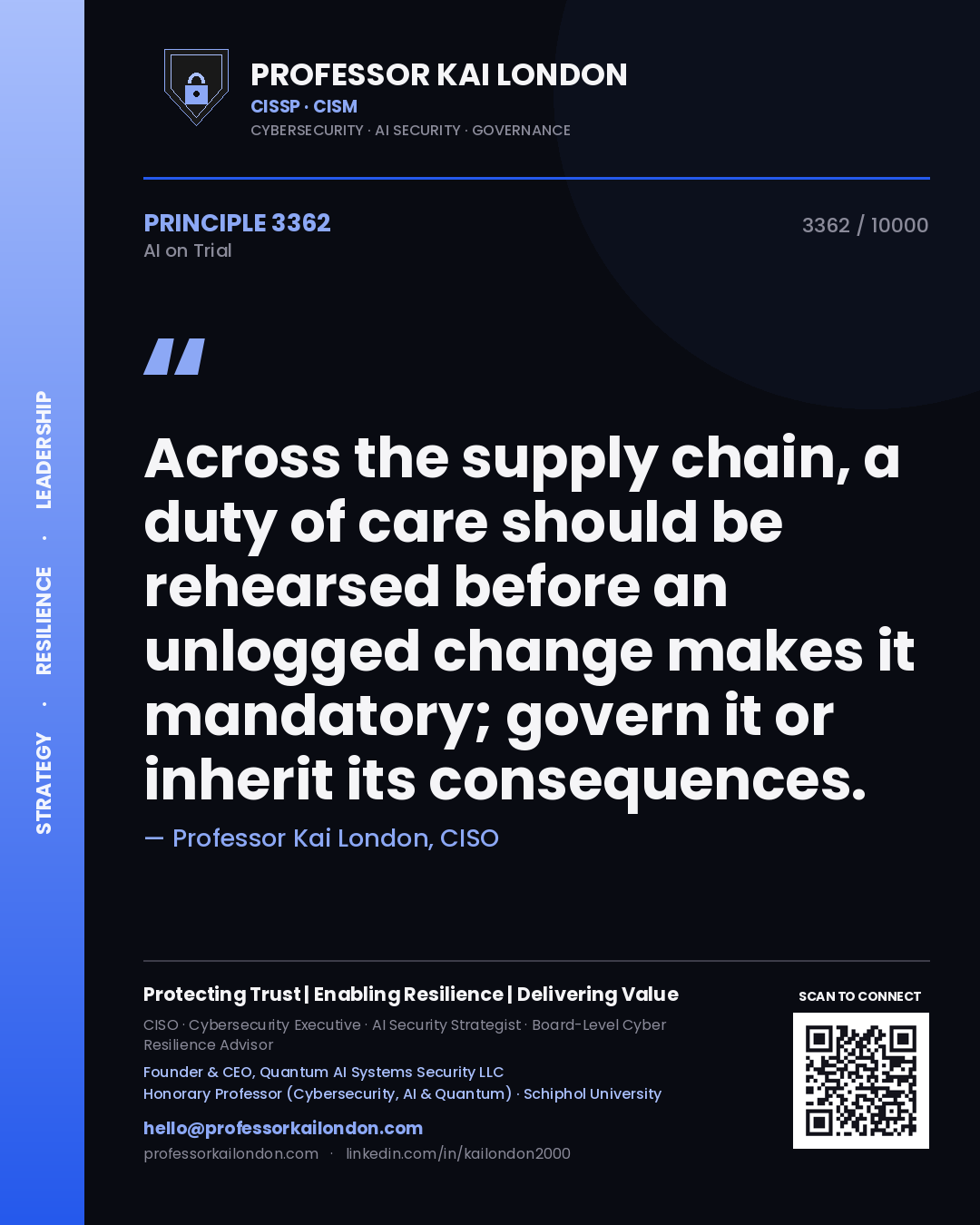 Professor Kai London principle 3362: Across the supply chain, a duty of care should be rehearsed before an unlogged change makes it mandatory; govern it or inherit its consequences.