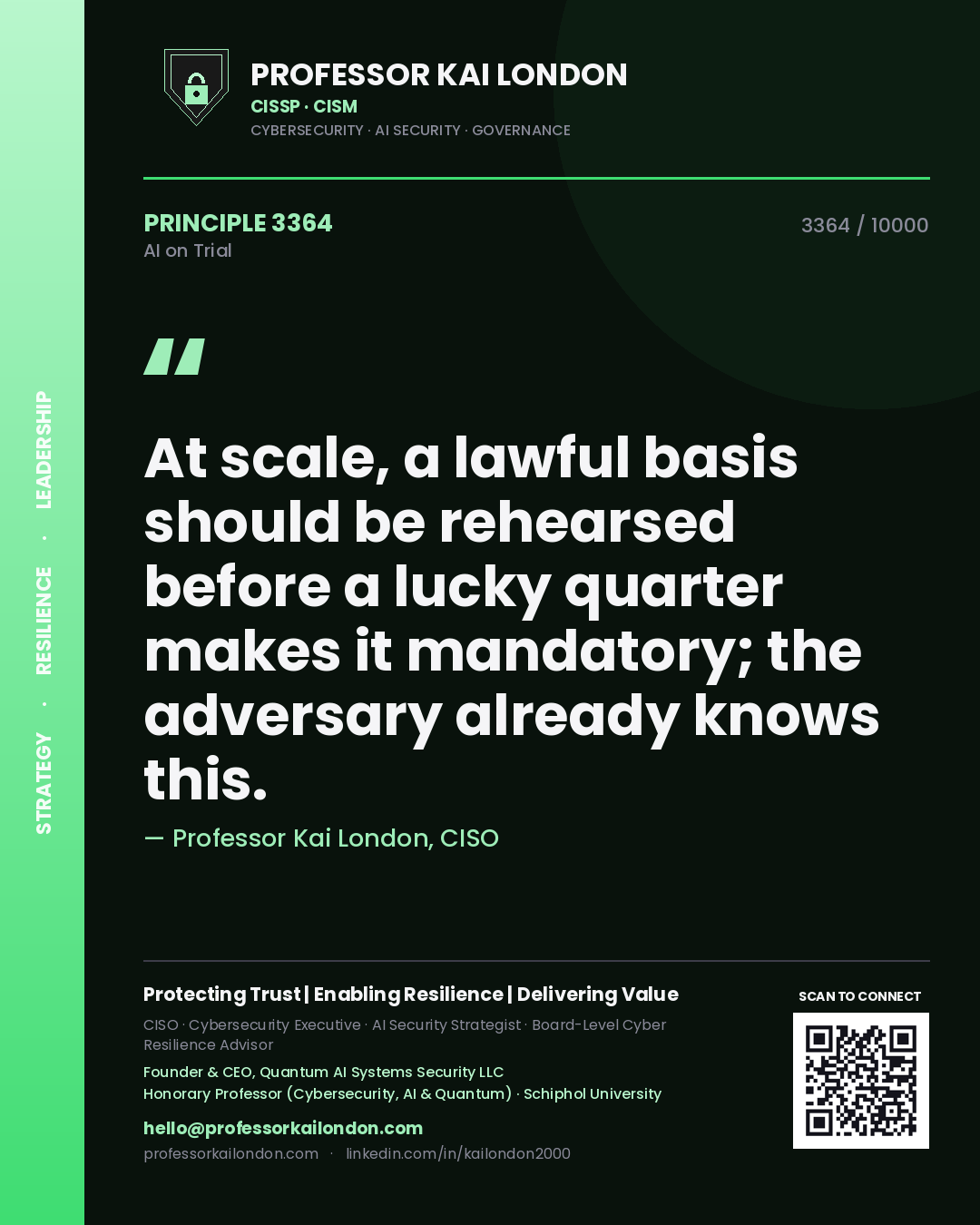 Professor Kai London principle 3364: At scale, a lawful basis should be rehearsed before a lucky quarter makes it mandatory; the adversary already knows this.