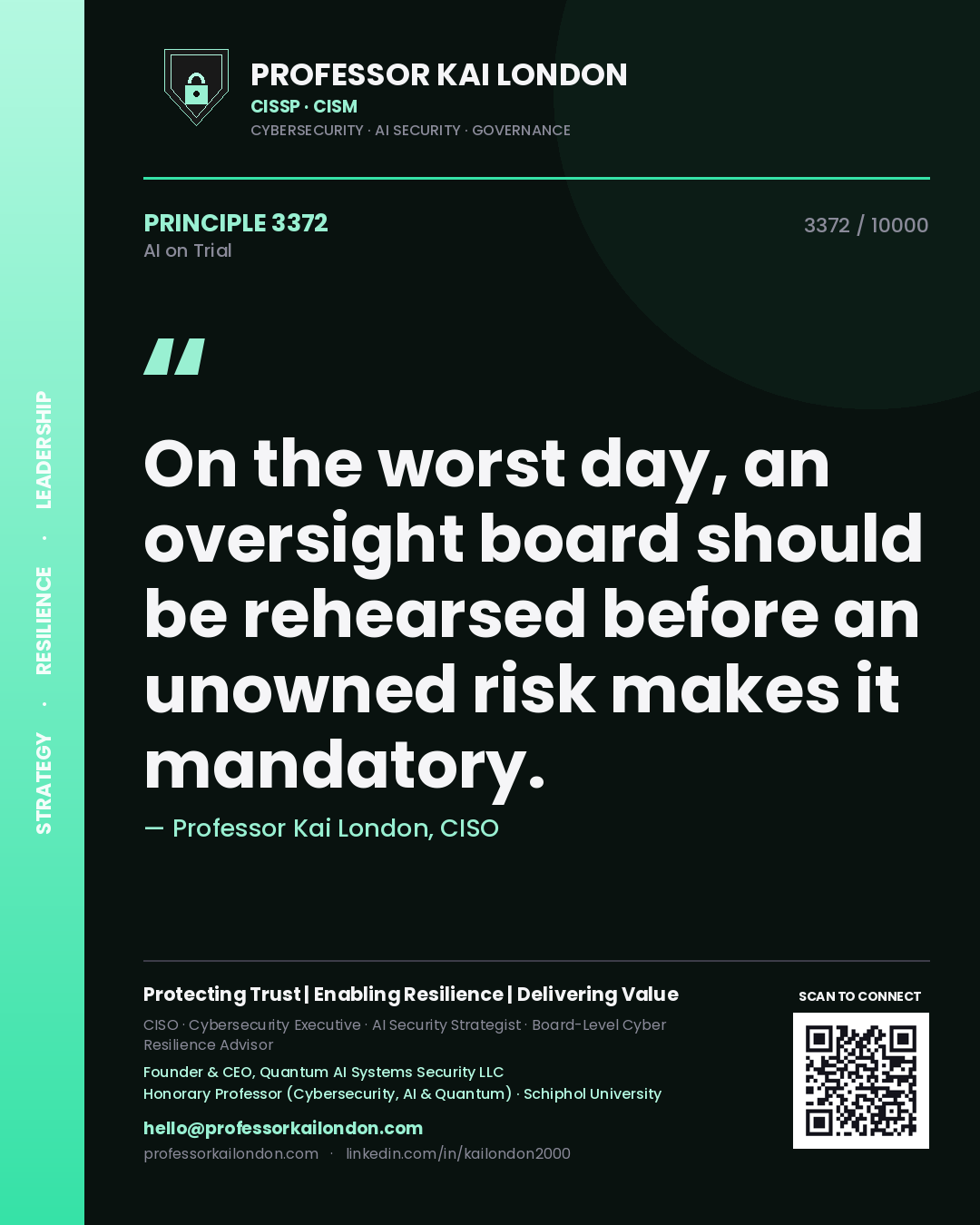 Quote card by Professor Kai London reading 'On the worst day, an oversight board should be rehearsed before an unowned risk makes it mandatory.'. From the book AI on Trial.