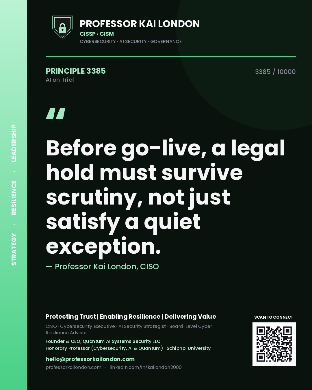 Professor Kai London principle 3385: Before go-live, a legal hold must survive scrutiny, not just satisfy a quiet exception.