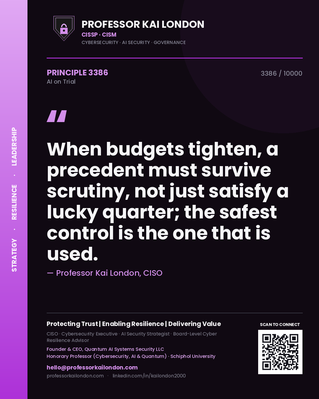 Quote card by Professor Kai London reading 'When budgets tighten, a precedent must survive scrutiny, not just satisfy a lucky quarter; the safest control is the one that is used.'. From the book AI on Trial.