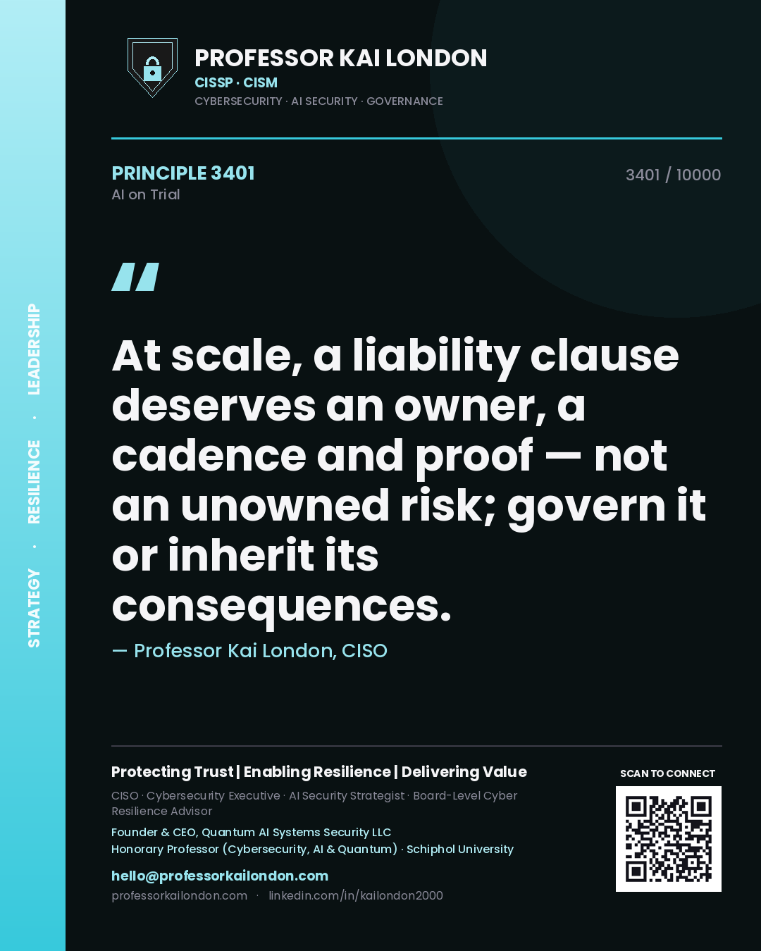 Professor Kai London principle 3401: At scale, a liability clause deserves an owner, a cadence and proof — not an unowned risk; govern it or inherit its consequences.