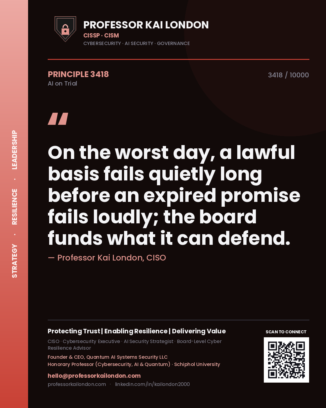 Professor Kai London principle 3418: On the worst day, a lawful basis fails quietly long before an expired promise fails loudly; the board funds what it can defend.