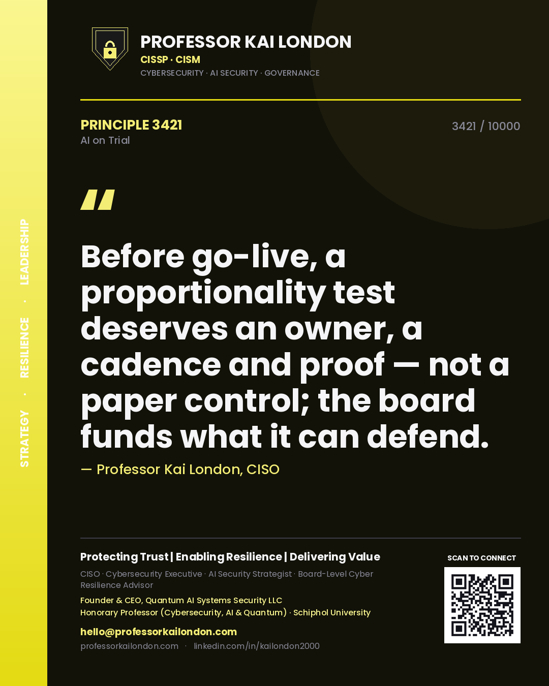 Quote card by Professor Kai London reading 'Before go-live, a proportionality test deserves an owner, a cadence and proof — not a paper control; the board funds what it can defend.'. From the book AI on Trial.
