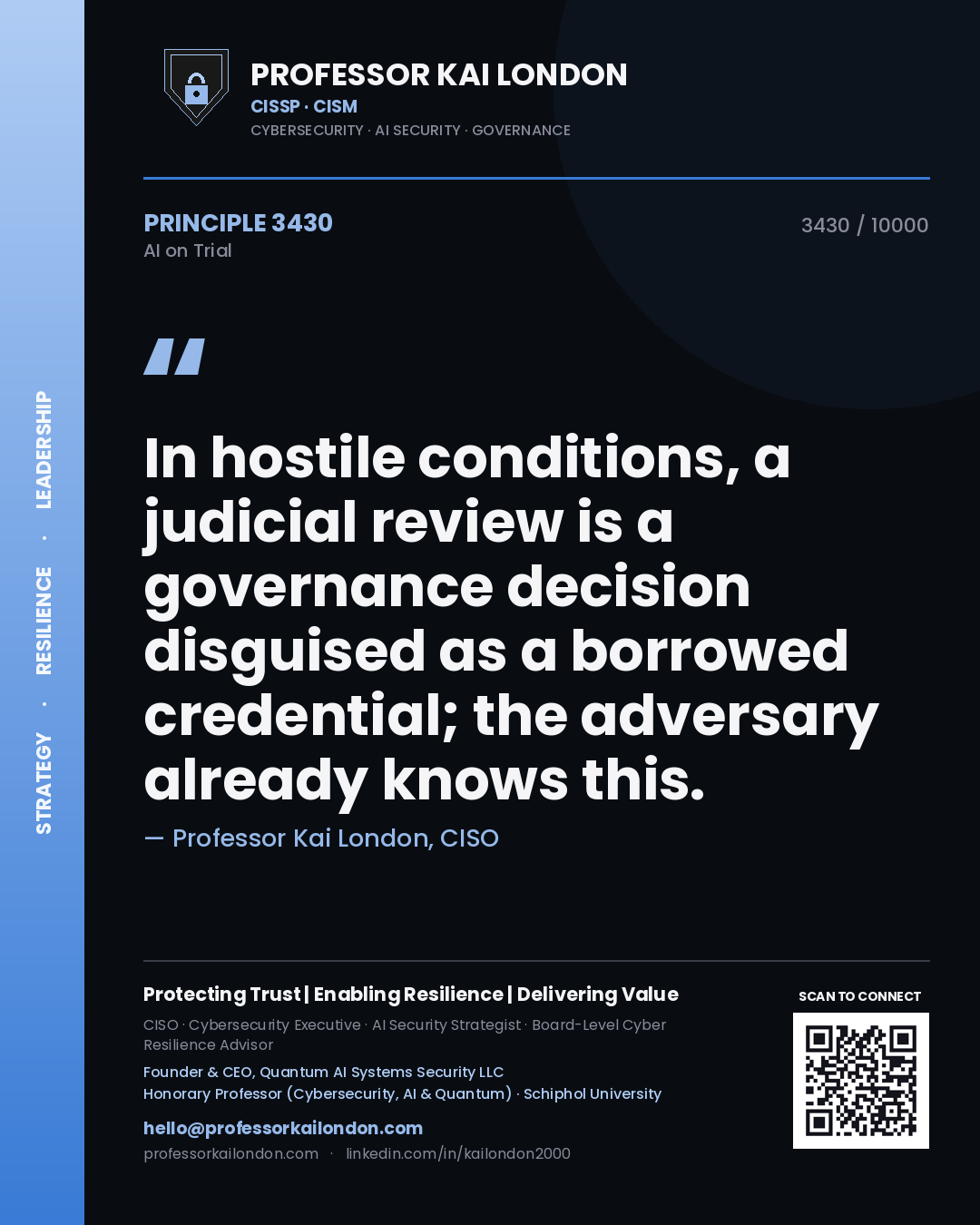 Quote card by Professor Kai London reading 'In hostile conditions, a judicial review is a governance decision disguised as a borrowed credential; the adversary already knows this.'. From the book AI on Trial.