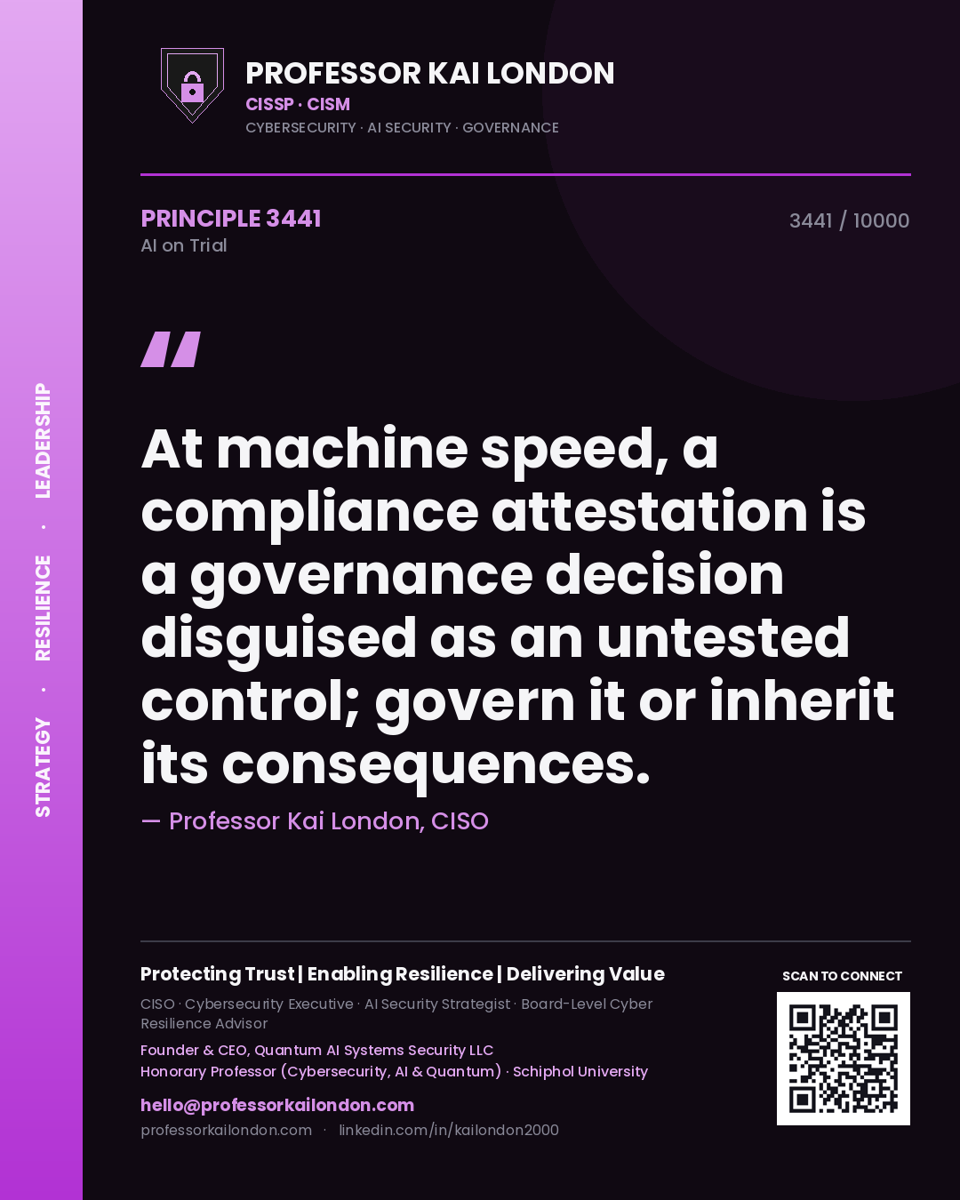 Quote card by Professor Kai London reading 'At machine speed, a compliance attestation is a governance decision disguised as an untested control; govern it or inherit its consequences.'. From the book AI on Trial.