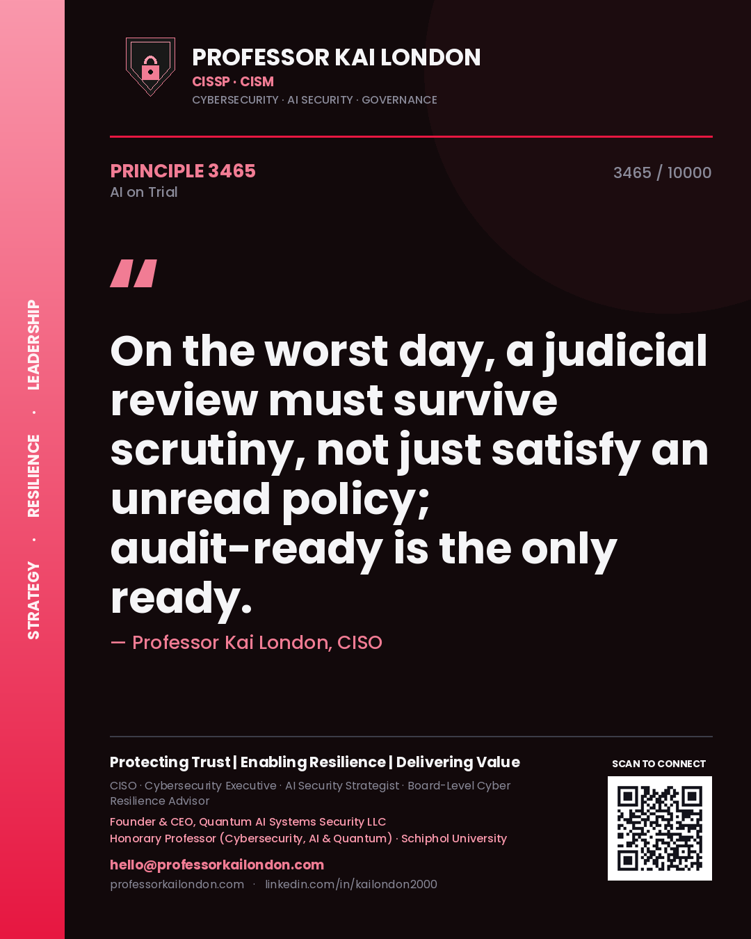 Professor Kai London principle 3465: On the worst day, a judicial review must survive scrutiny, not just satisfy an unread policy; audit-ready is the only ready.