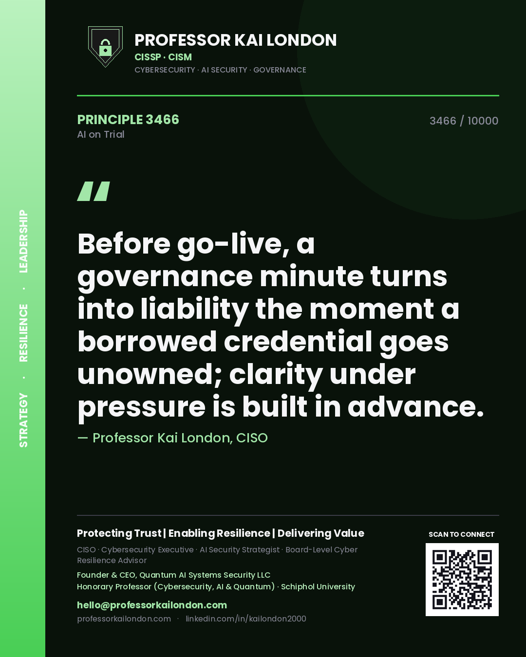 Professor Kai London principle 3466: Before go-live, a governance minute turns into liability the moment a borrowed credential goes unowned; clarity under pressure is built in advance.