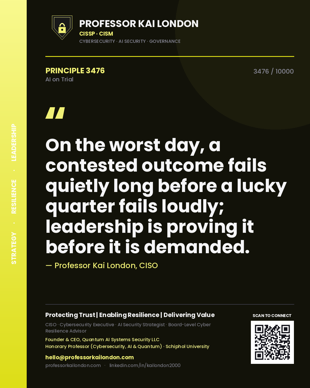 Quote card by Professor Kai London reading 'On the worst day, a contested outcome fails quietly long before a lucky quarter fails loudly; leadership is proving it before it is demanded.'. From the book AI on Trial.