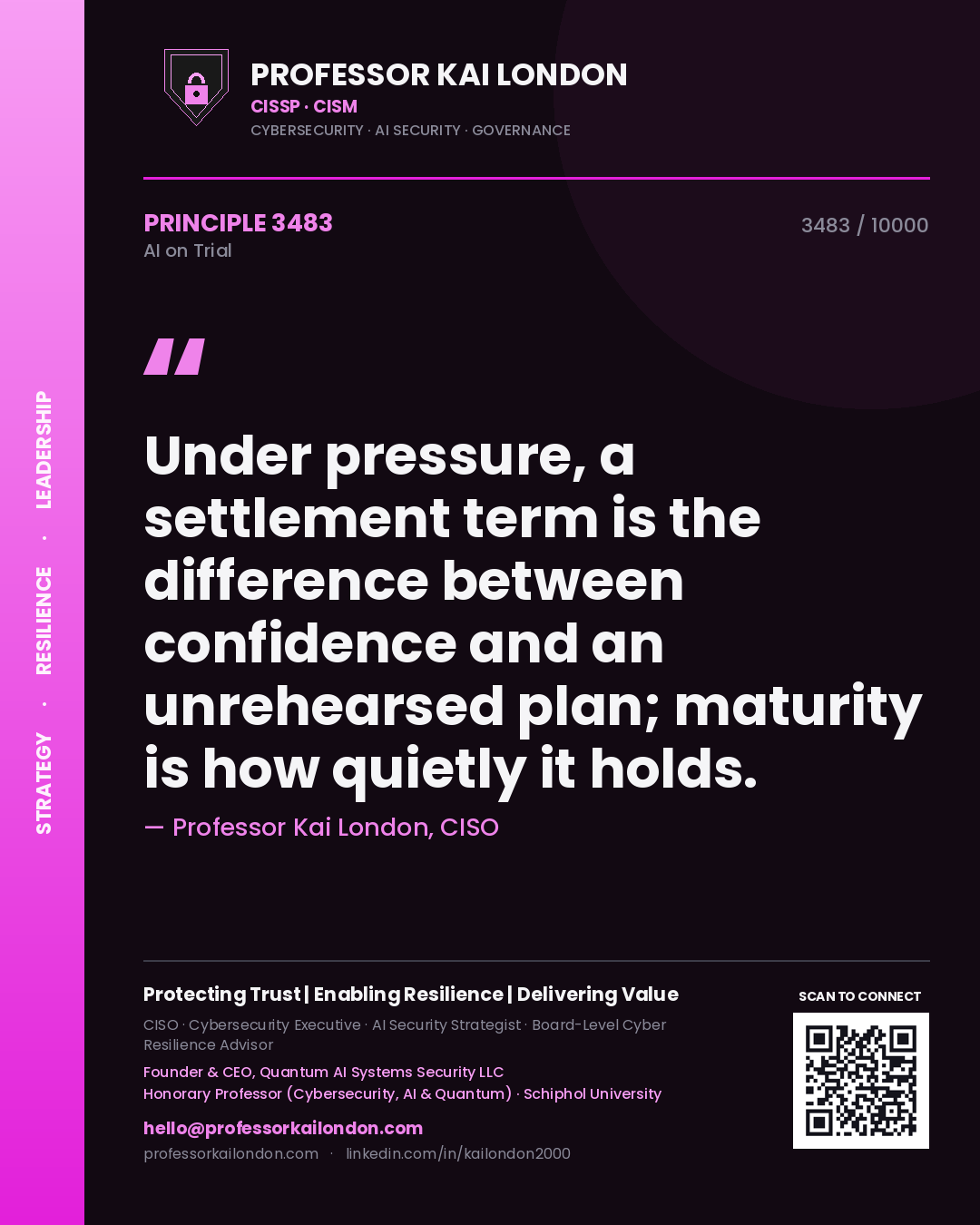 Quote card by Professor Kai London reading 'Under pressure, a settlement term is the difference between confidence and an unrehearsed plan; maturity is how quietly it holds.'. From the book AI on Trial.