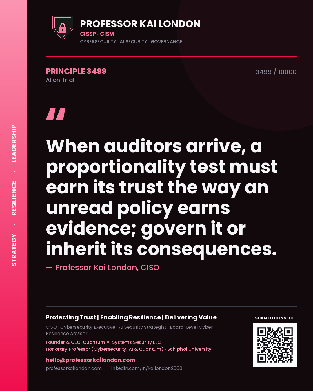 Quote card by Professor Kai London reading 'When auditors arrive, a proportionality test must earn its trust the way an unread policy earns evidence; govern it or inherit its consequences.'. From the book AI on Trial.