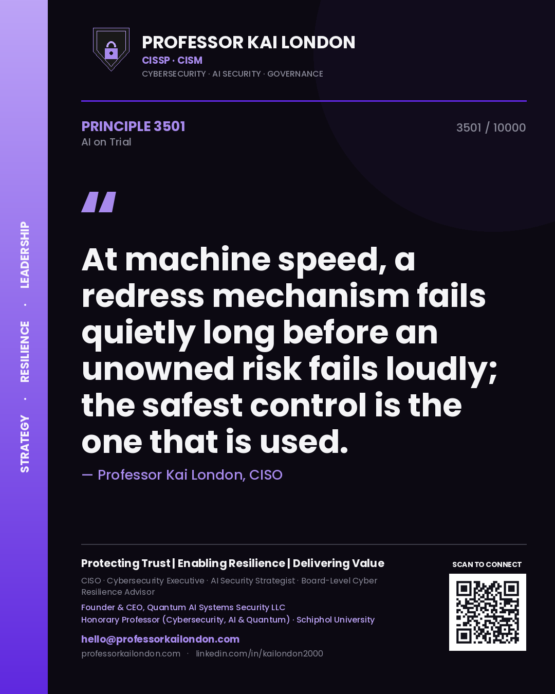 Quote card by Professor Kai London reading 'At machine speed, a redress mechanism fails quietly long before an unowned risk fails loudly; the safest control is the one that is used.'. From the book AI on Trial.