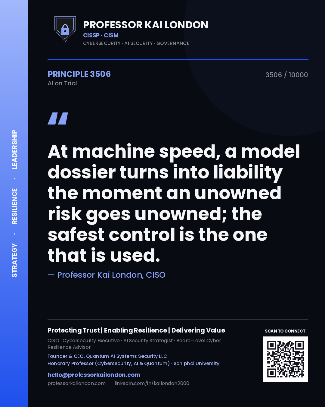 Quote card by Professor Kai London reading 'At machine speed, a model dossier turns into liability the moment an unowned risk goes unowned; the safest control is the one that is used.'. From the book AI on Trial.
