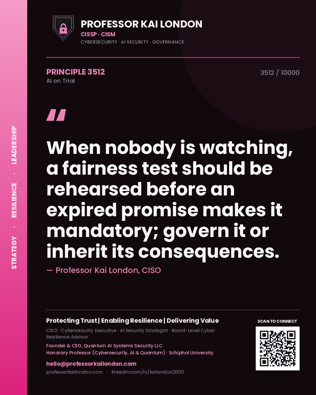 Quote card by Professor Kai London reading 'When nobody is watching, a fairness test should be rehearsed before an expired promise makes it mandatory; govern it or inherit its consequences.'. From the book AI on Trial.