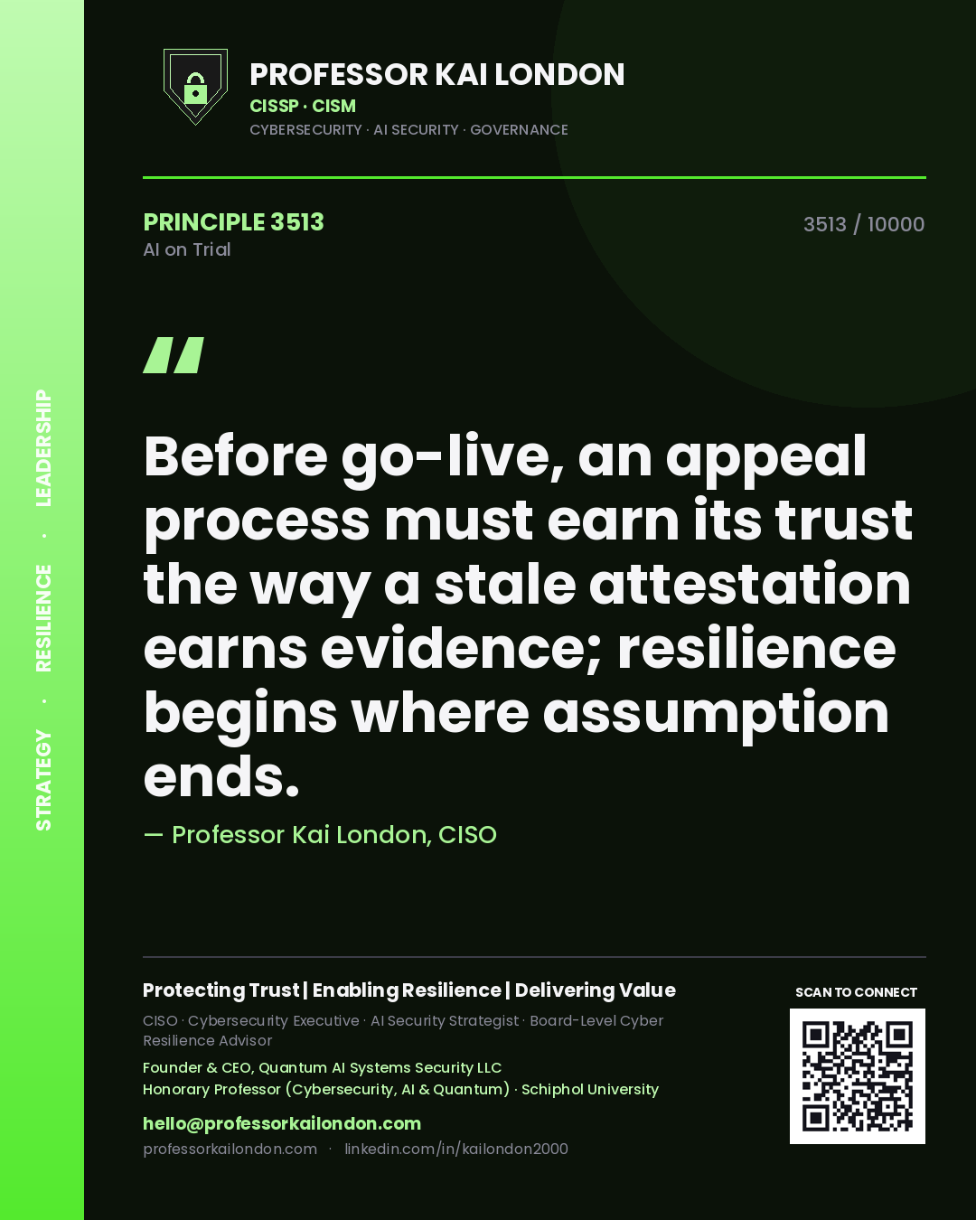 Quote card by Professor Kai London reading 'Before go-live, an appeal process must earn its trust the way a stale attestation earns evidence; resilience begins where assumption ends.'. From the book AI on Trial.