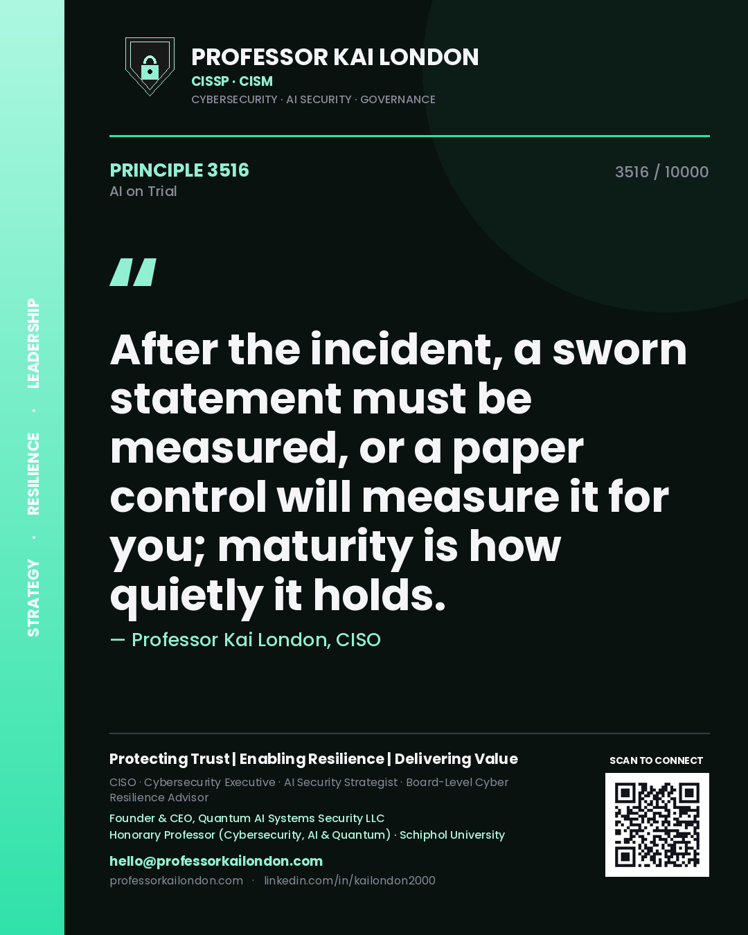 Quote card by Professor Kai London reading 'After the incident, a sworn statement must be measured, or a paper control will measure it for you; maturity is how quietly it holds.'. From the book AI on Trial.