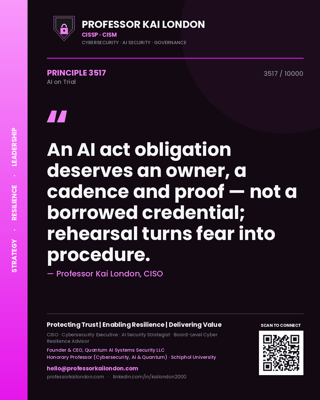 Quote card by Professor Kai London reading 'An AI act obligation deserves an owner, a cadence and proof — not a borrowed credential; rehearsal turns fear into procedure.'. From the book AI on Trial.