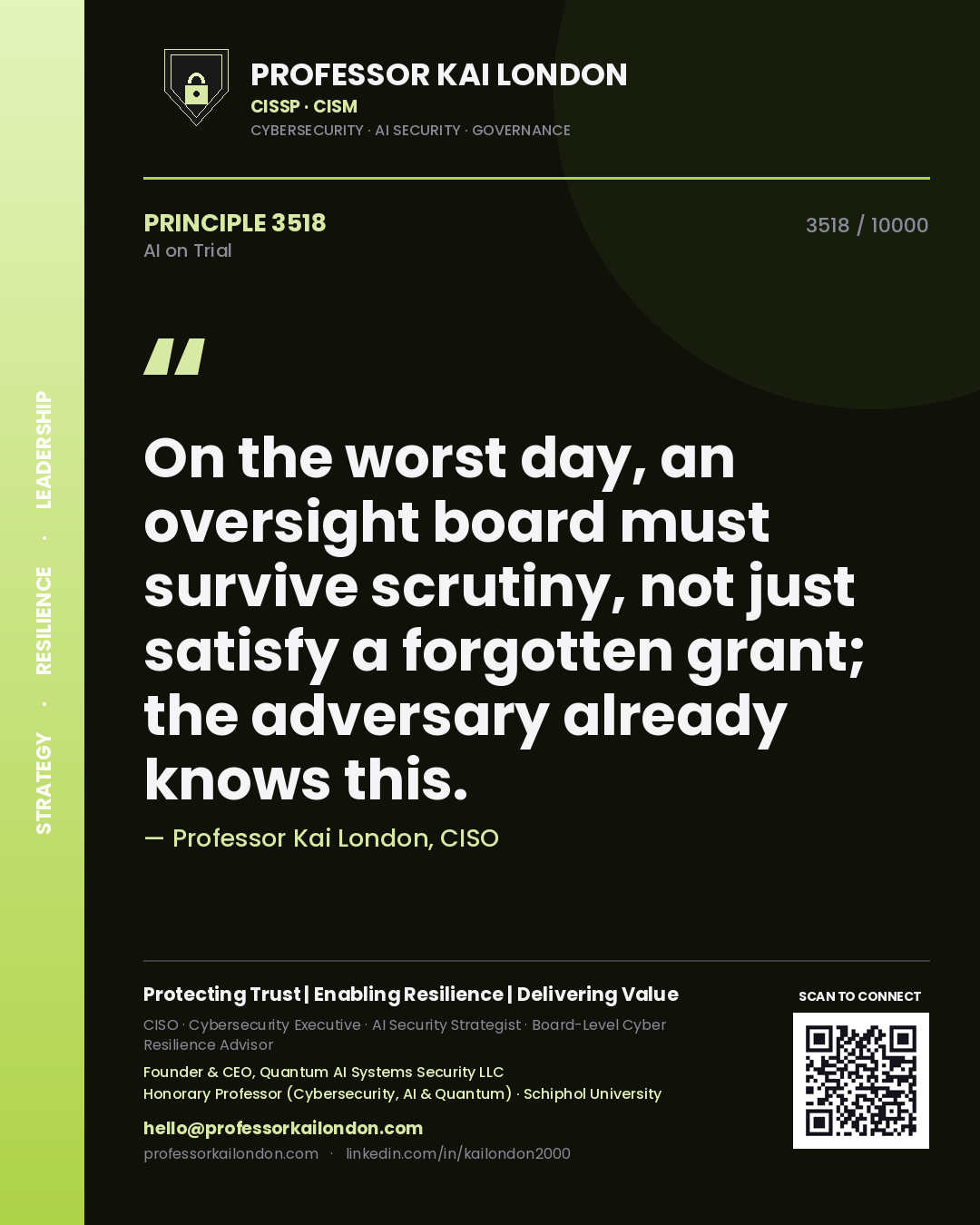 Quote card by Professor Kai London reading 'On the worst day, an oversight board must survive scrutiny, not just satisfy a forgotten grant; the adversary already knows this.'. From the book AI on Trial.