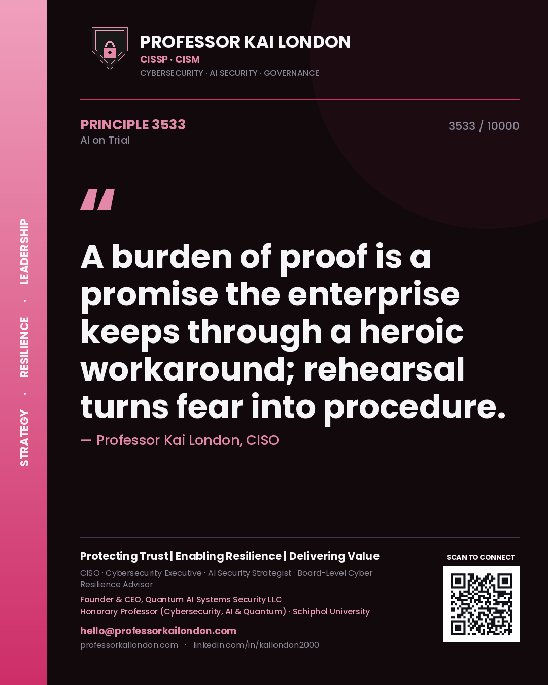 Quote card by Professor Kai London reading 'A burden of proof is a promise the enterprise keeps through a heroic workaround; rehearsal turns fear into procedure.'. From the book AI on Trial.