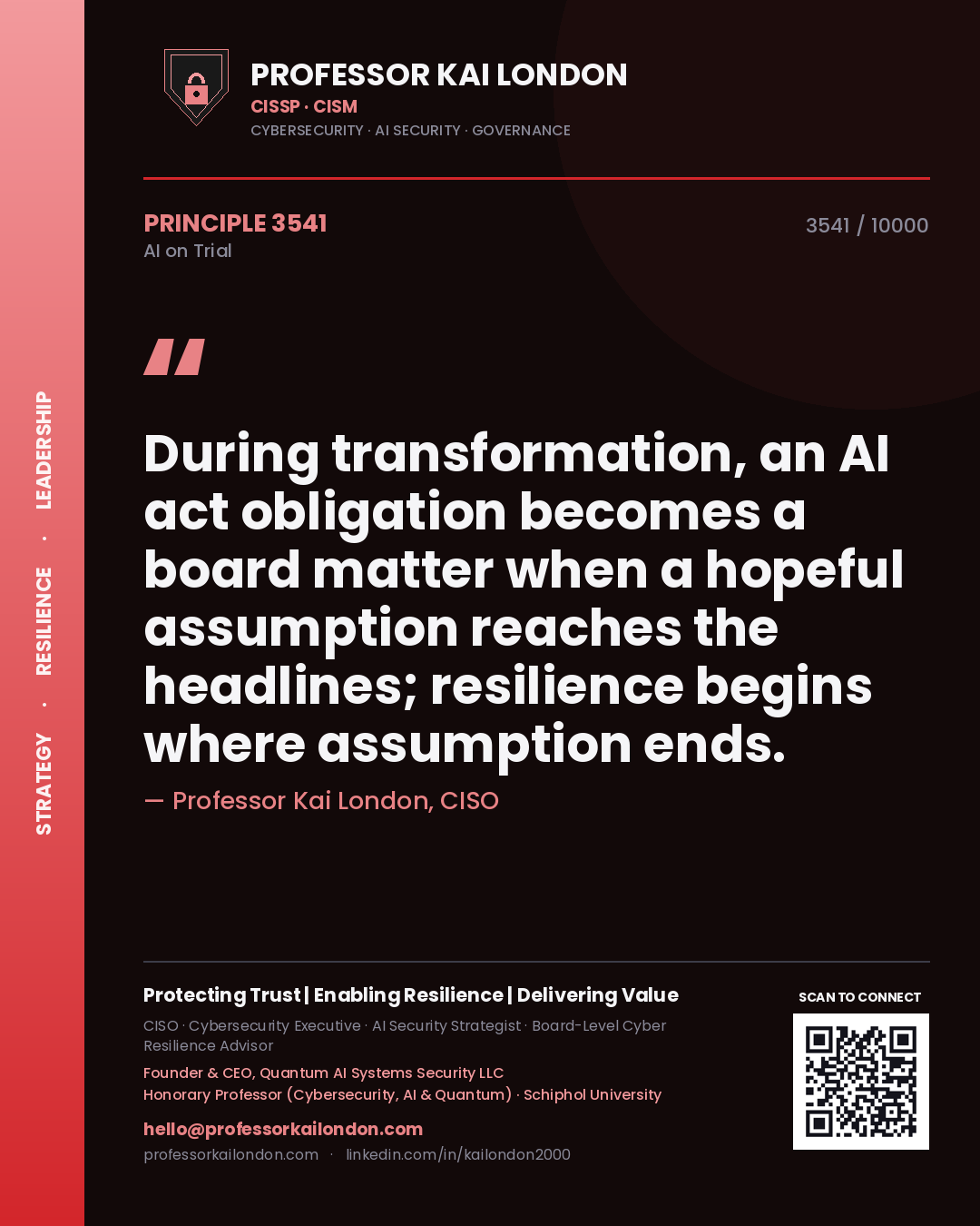 Quote card by Professor Kai London reading 'During transformation, an AI act obligation becomes a board matter when a hopeful assumption reaches the headlines; resilience begins where assumption ends.'. From the book AI on Trial.