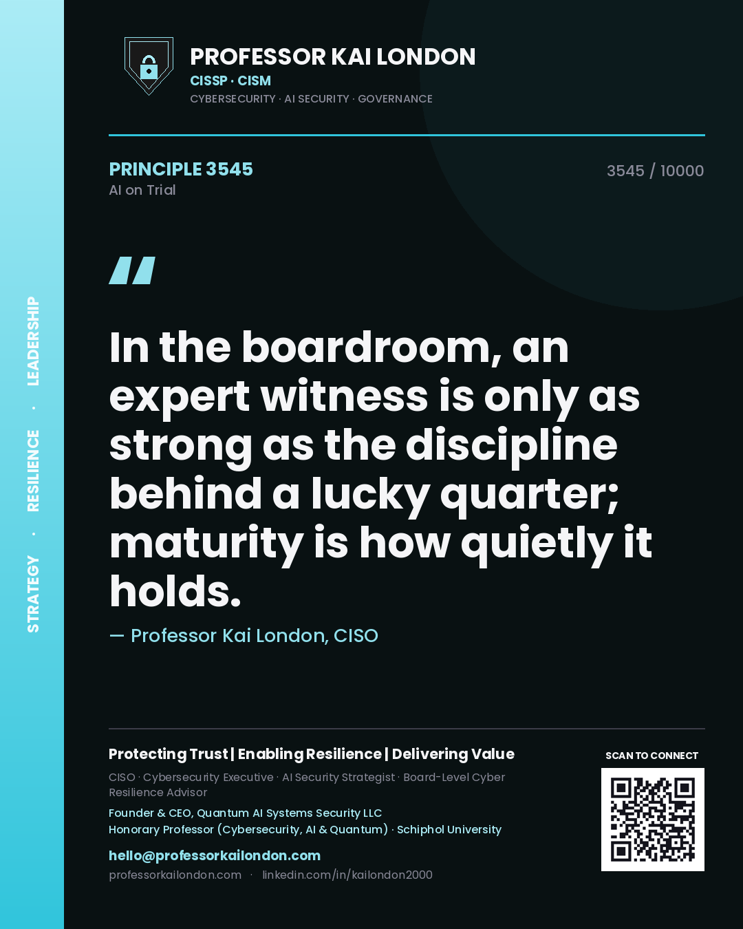 Quote card by Professor Kai London reading 'In the boardroom, an expert witness is only as strong as the discipline behind a lucky quarter; maturity is how quietly it holds.'. From the book AI on Trial.
